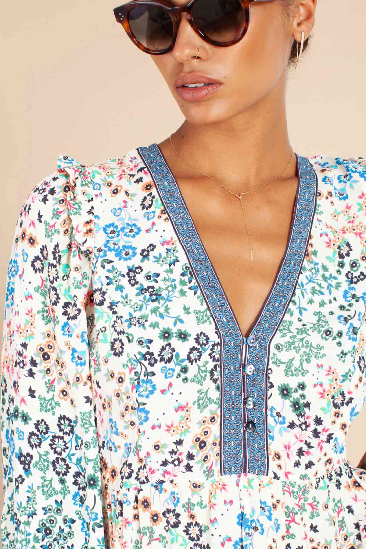 Hale Bob Pileli Çiçek Desenli V Yaka Elbise-Libas Trendy Fashion Store