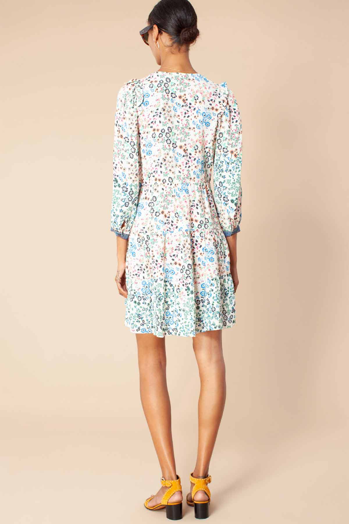 Hale Bob Pileli Çiçek Desenli V Yaka Elbise-Libas Trendy Fashion Store