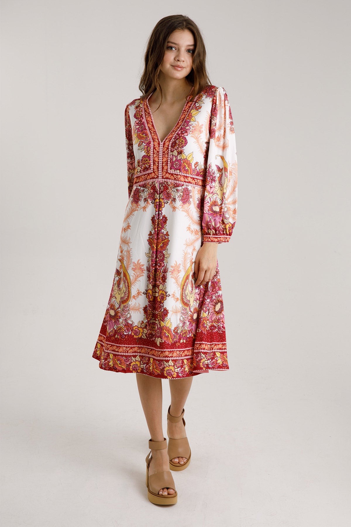 Hale Bob V Yaka Midi Elbise-Libas Trendy Fashion Store