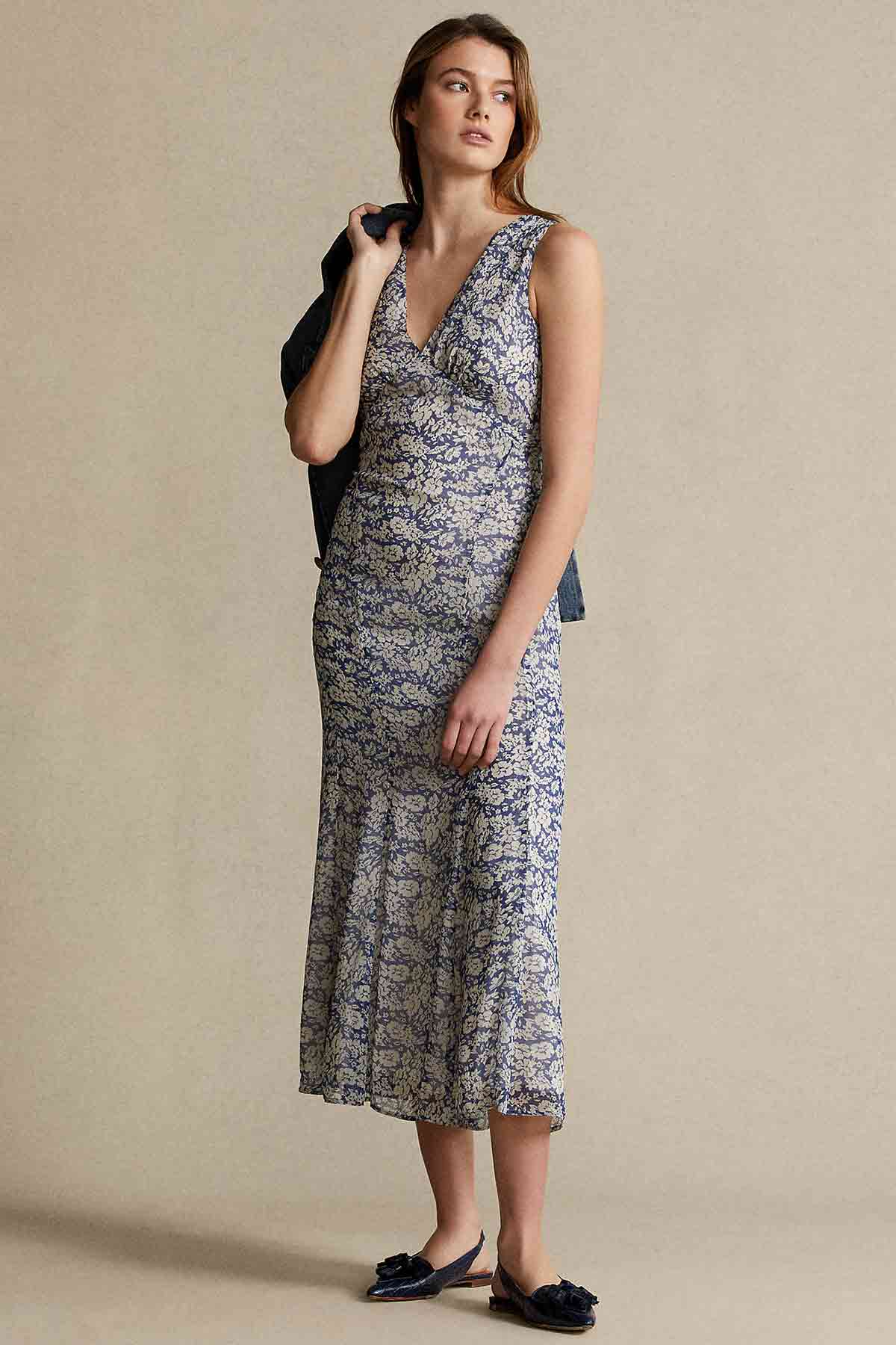 Polo Ralph Lauren V Yaka Çiçek Desenli Midi Elbise-Libas Trendy Fashion Store