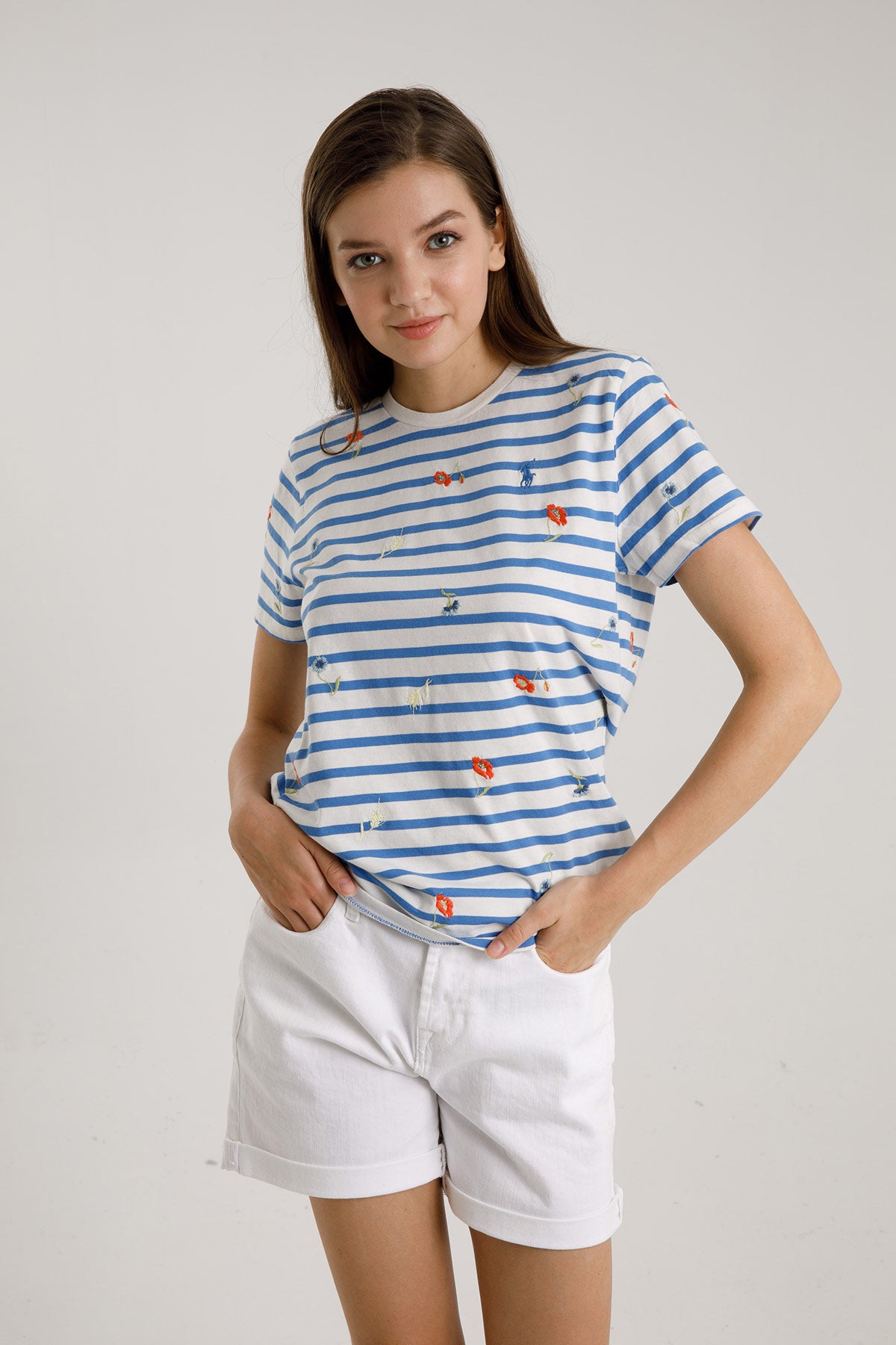 Polo Ralph Lauren Çizgili Çiçek Nakışlı T-shirt-Libas Trendy Fashion Store