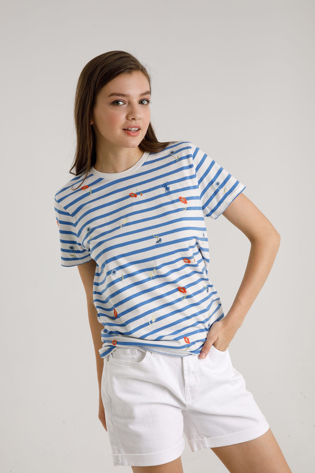 Polo Ralph Lauren Çizgili Çiçek Nakışlı T-shirt-Libas Trendy Fashion Store