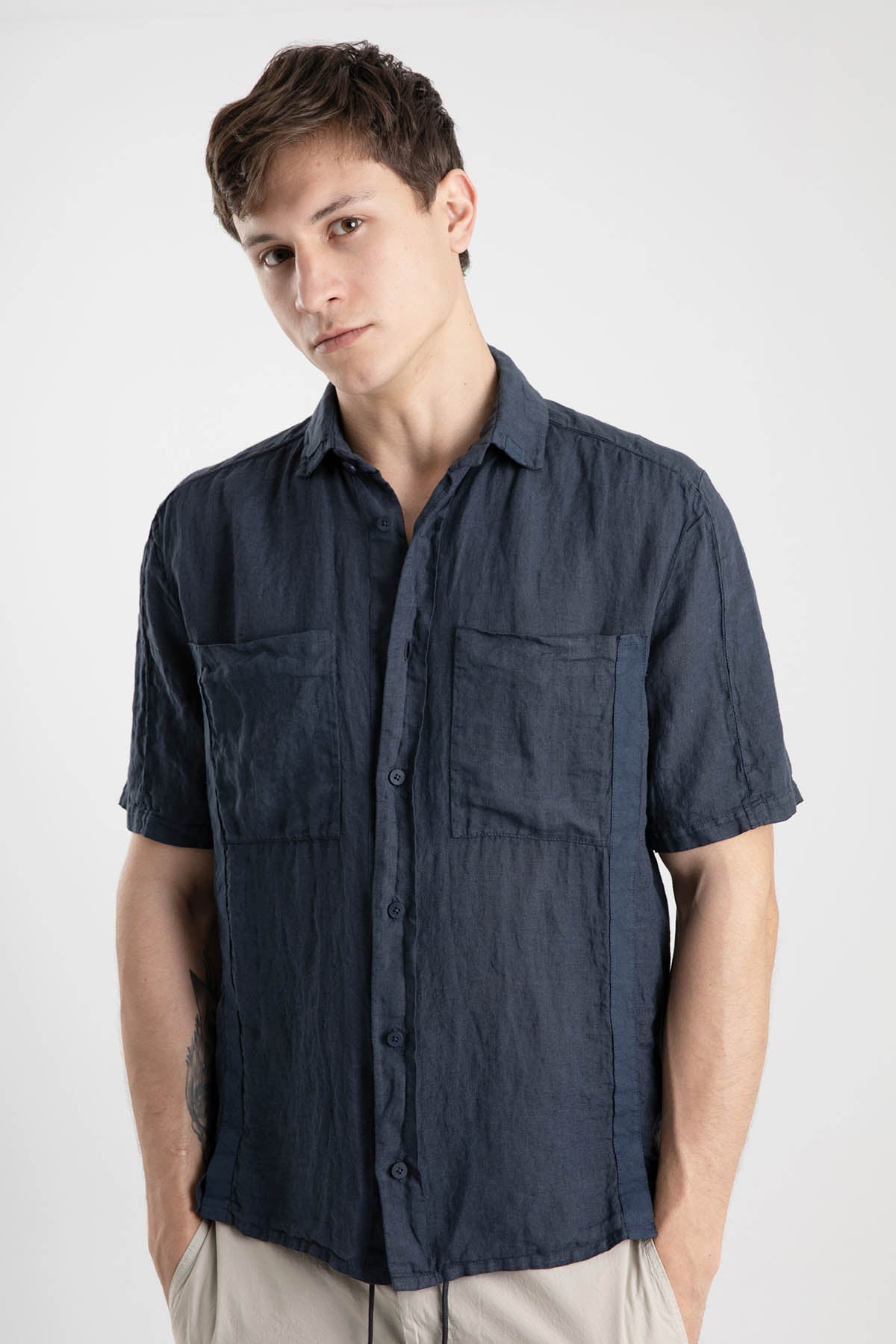 Transit Kısa Kollu Cep Detaylı Keten Gömlek-Libas Trendy Fashion Store