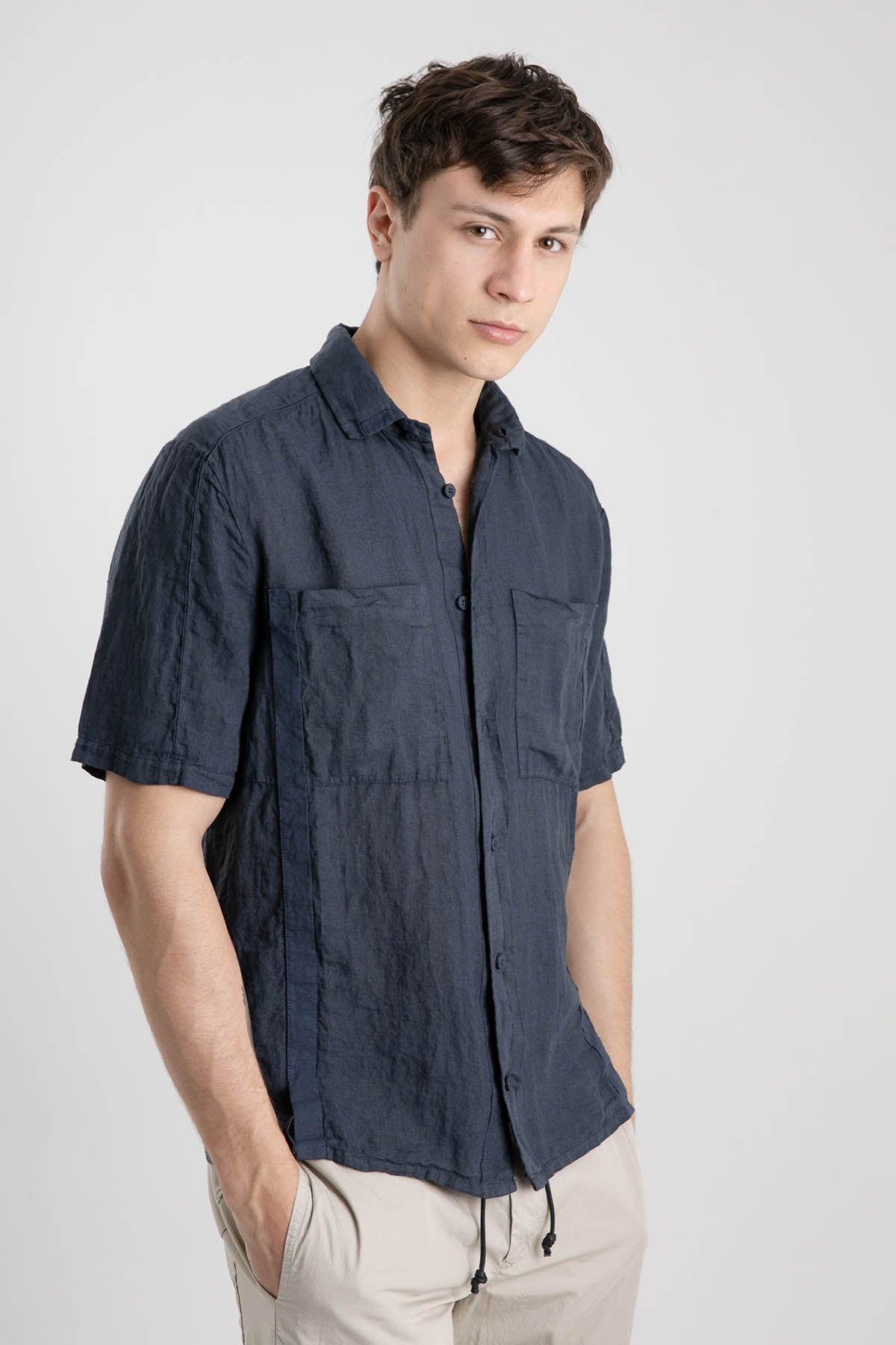 Transit Kısa Kollu Cep Detaylı Keten Gömlek-Libas Trendy Fashion Store