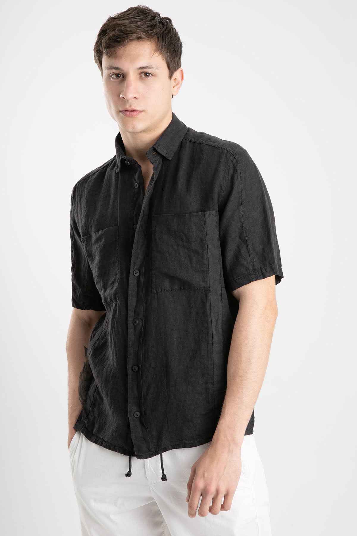 Transit Kısa Kollu Cep Detaylı Keten Gömlek-Libas Trendy Fashion Store