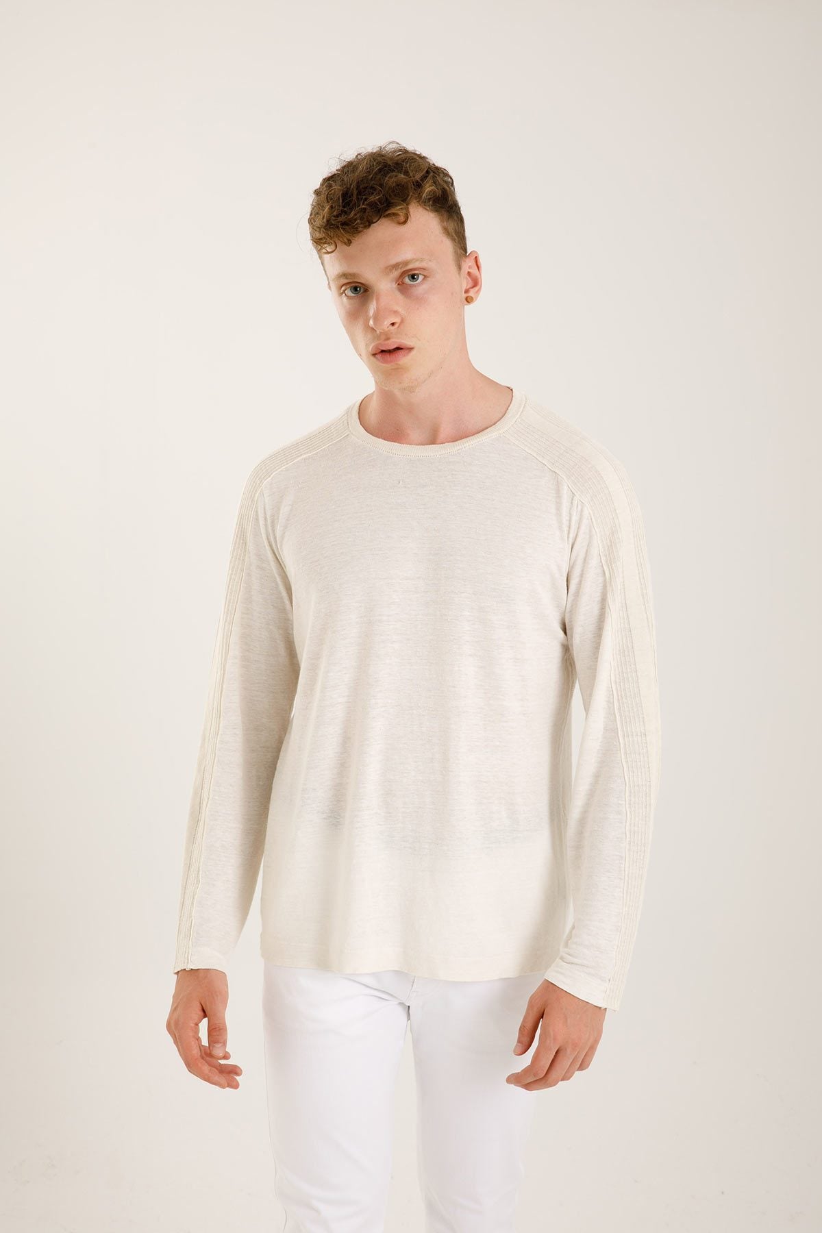 Transit Keten Karışımlı Yuvarlak Yaka Uzun Kollu Triko T-shirt-Libas Trendy Fashion Store