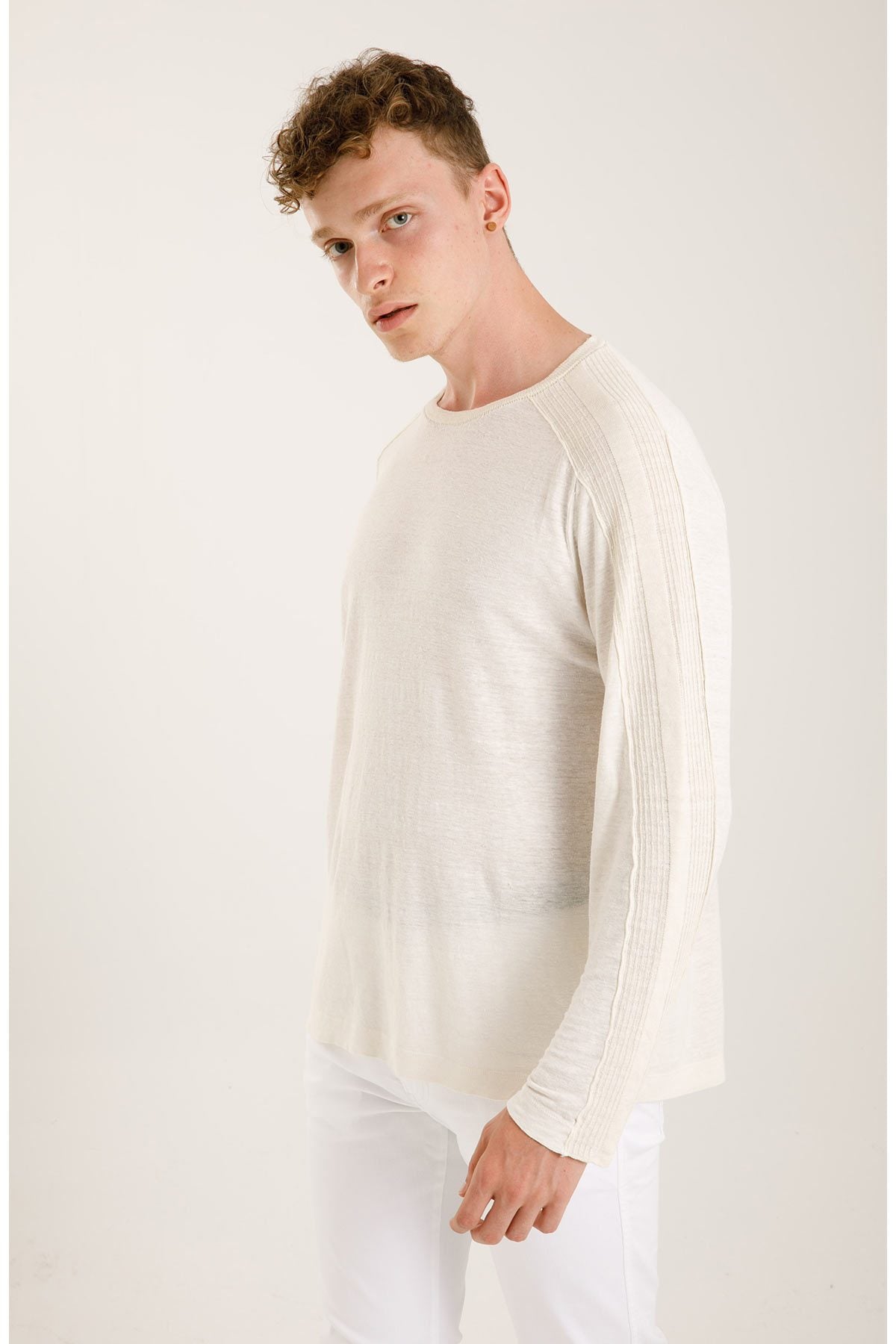 Transit Keten Karışımlı Yuvarlak Yaka Uzun Kollu Triko T-shirt-Libas Trendy Fashion Store