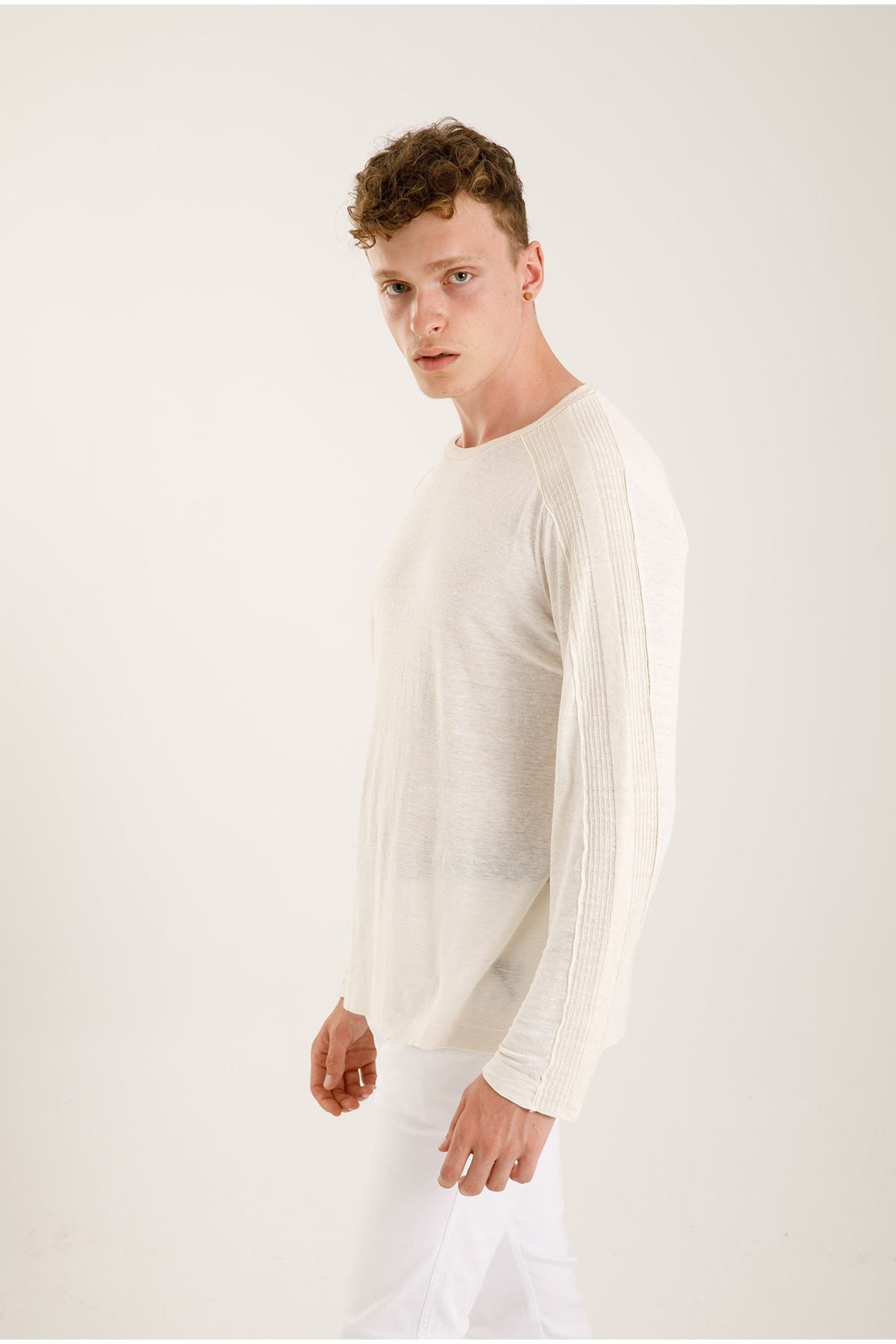 Transit Keten Karışımlı Yuvarlak Yaka Uzun Kollu Triko T-shirt-Libas Trendy Fashion Store