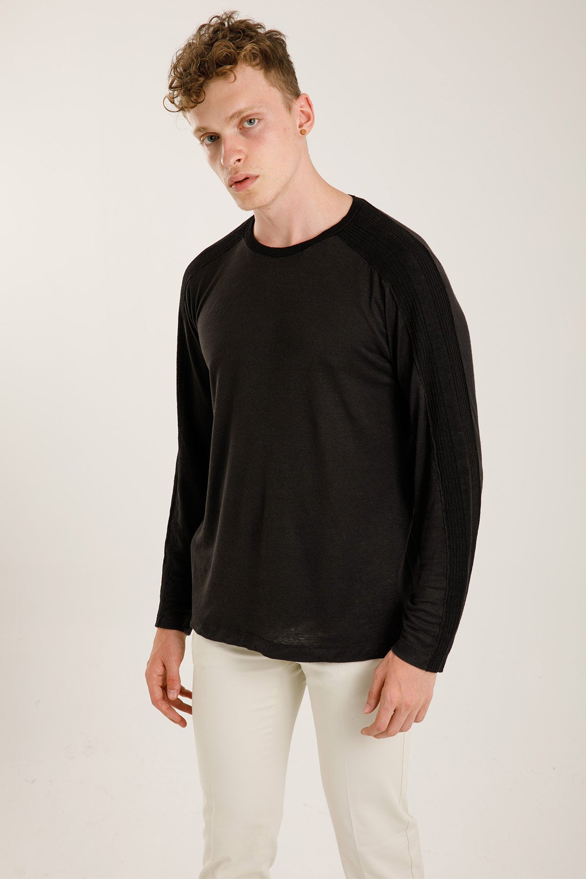 Transit Keten Karışımlı Yuvarlak Yaka Uzun Kollu Triko T-shirt-Libas Trendy Fashion Store