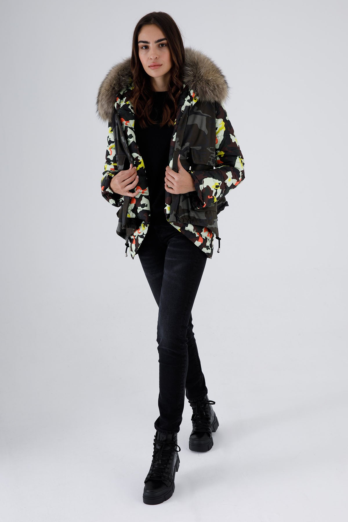 Flo & Clo Kürklü Kamuflaj Desenli Parka-Libas Trendy Fashion Store