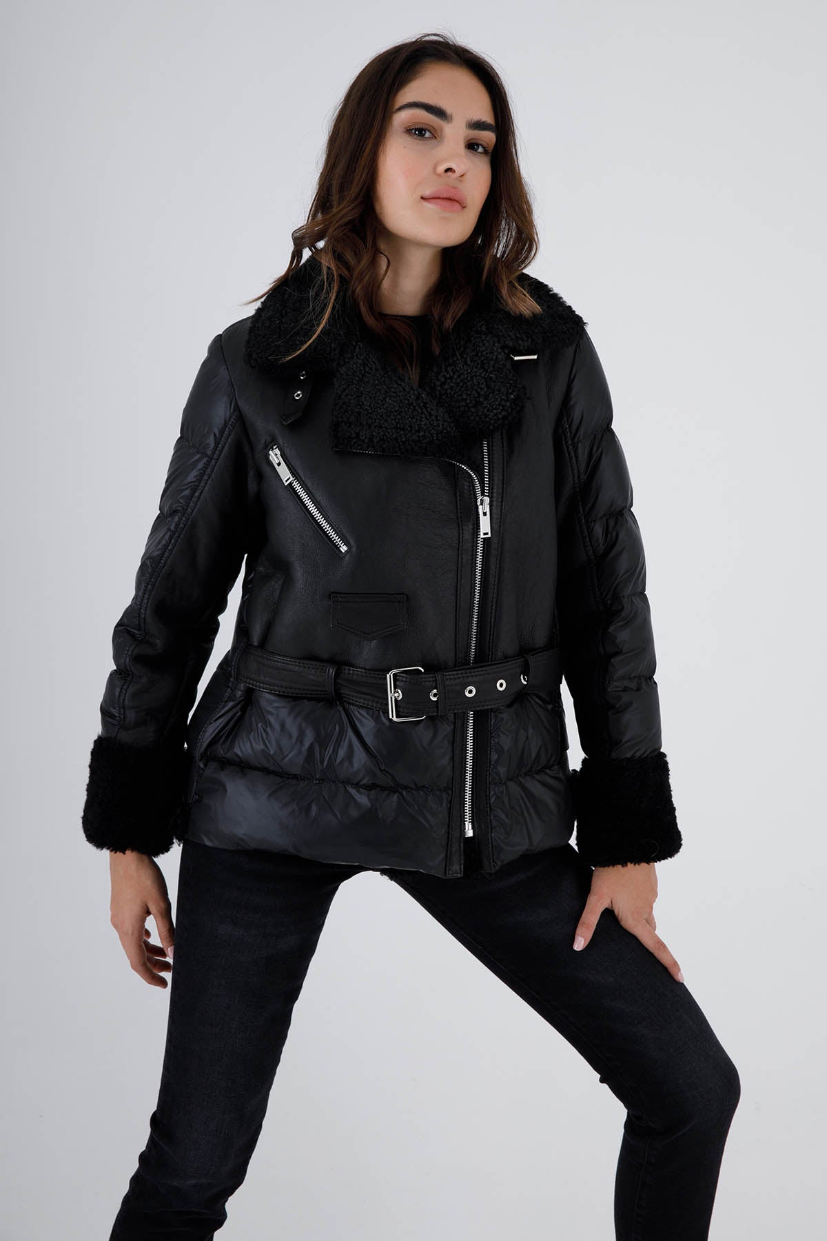 Flo & Clo Arkası Puffer Detaylı Deri Shearling Kaban-Libas Trendy Fashion Store