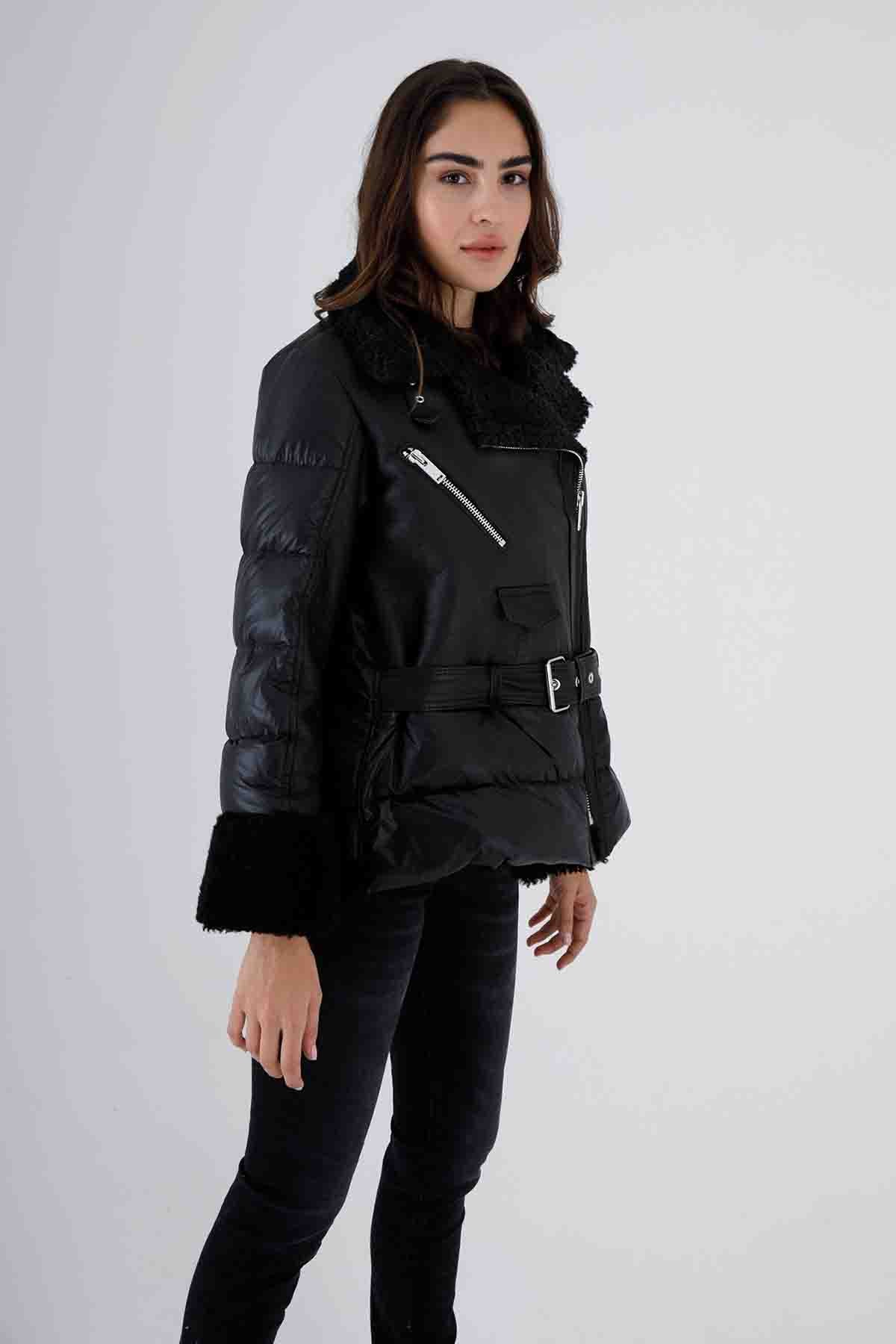 Flo & Clo Arkası Puffer Detaylı Deri Shearling Kaban-Libas Trendy Fashion Store