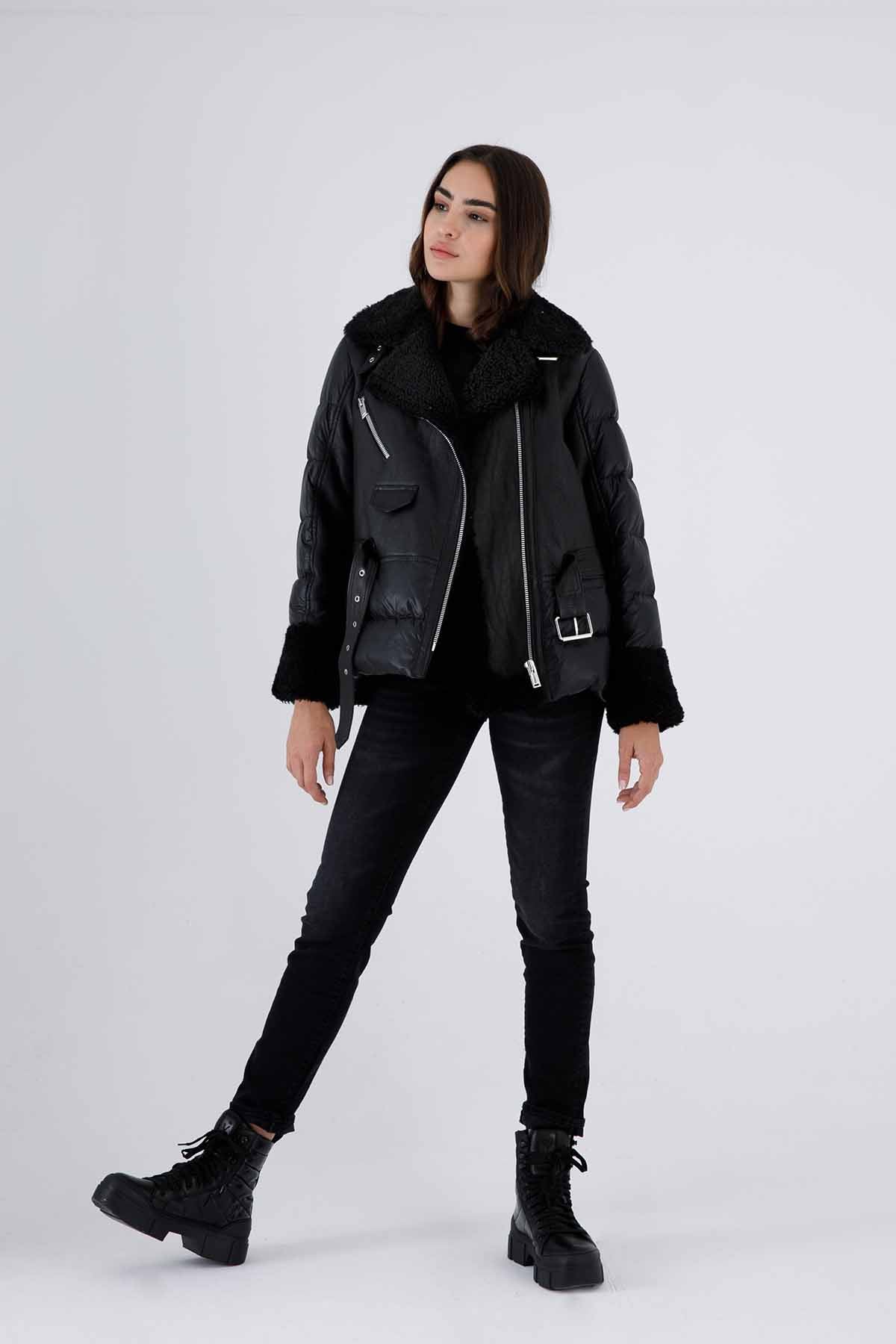 Flo & Clo Arkası Puffer Detaylı Deri Shearling Kaban-Libas Trendy Fashion Store