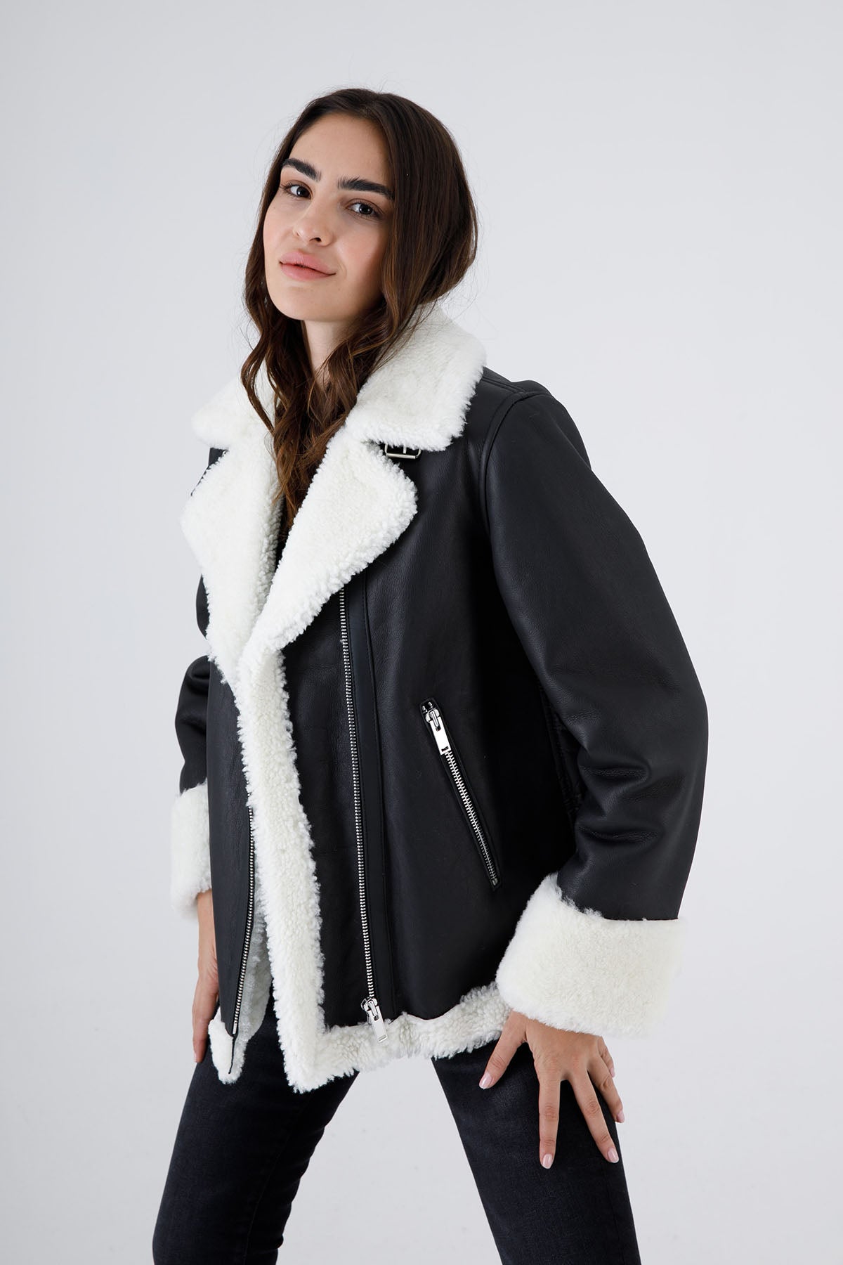 Flo & Clo Arkası Puffer Detaylı Deri Shearling Kaban-Libas Trendy Fashion Store