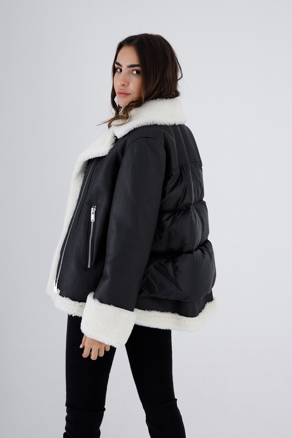 Flo & Clo Arkası Puffer Detaylı Deri Shearling Kaban-Libas Trendy Fashion Store