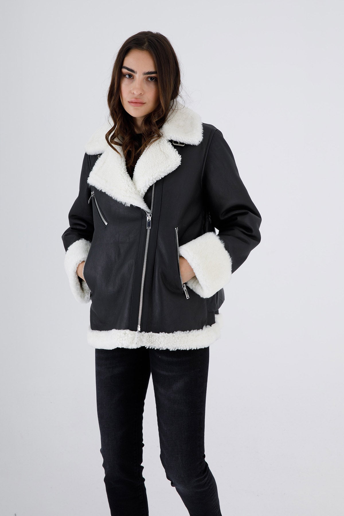 Flo & Clo Arkası Puffer Detaylı Deri Shearling Kaban-Libas Trendy Fashion Store