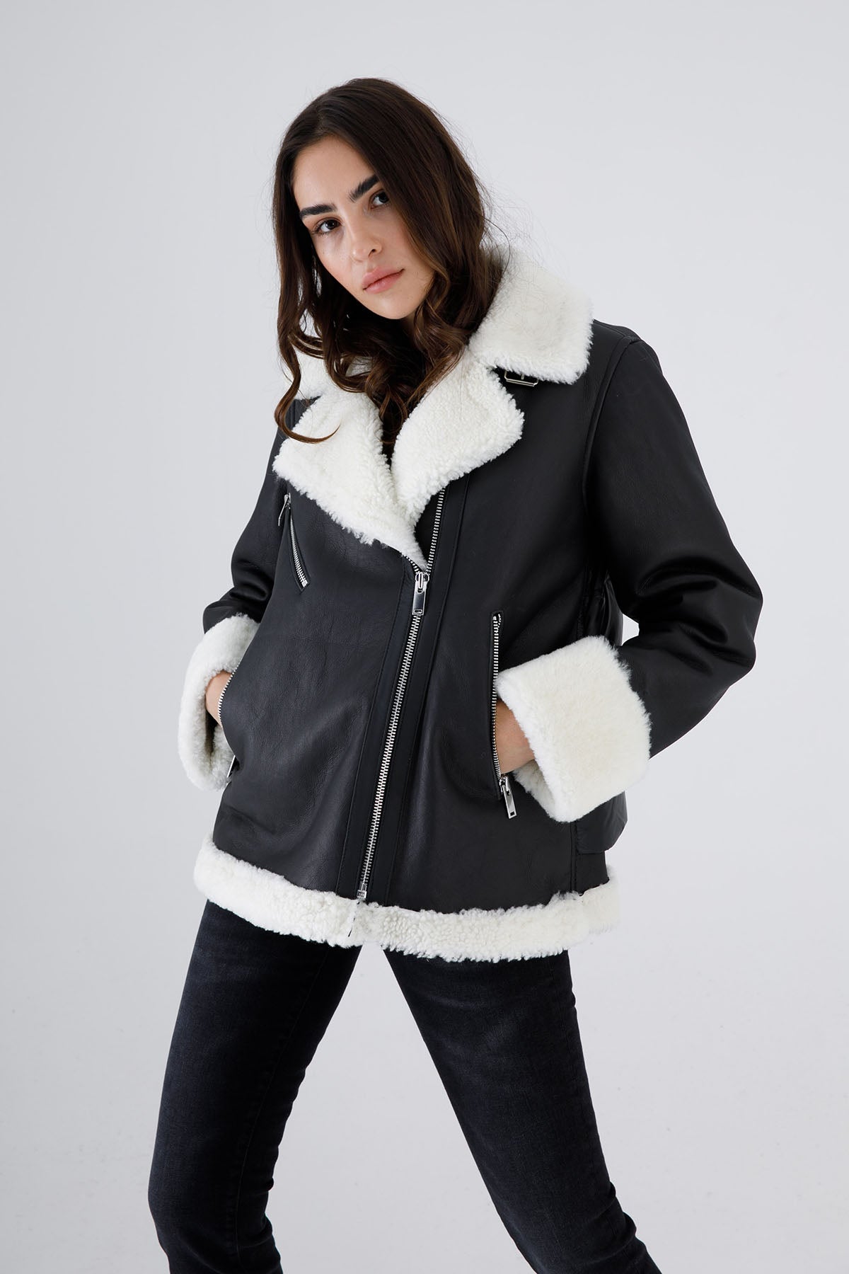 Flo & Clo Arkası Puffer Detaylı Deri Shearling Kaban-Libas Trendy Fashion Store