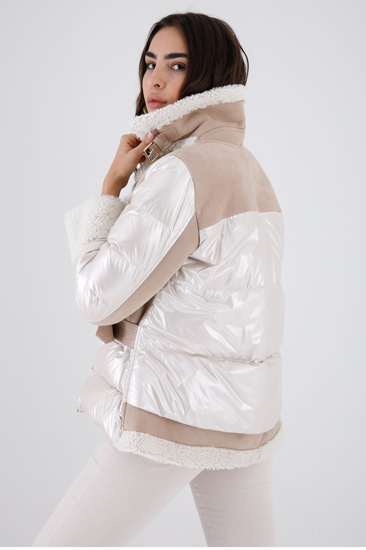 Flo & Clo Kemerli Deri Shearling Puffer Kaban-Libas Trendy Fashion Store