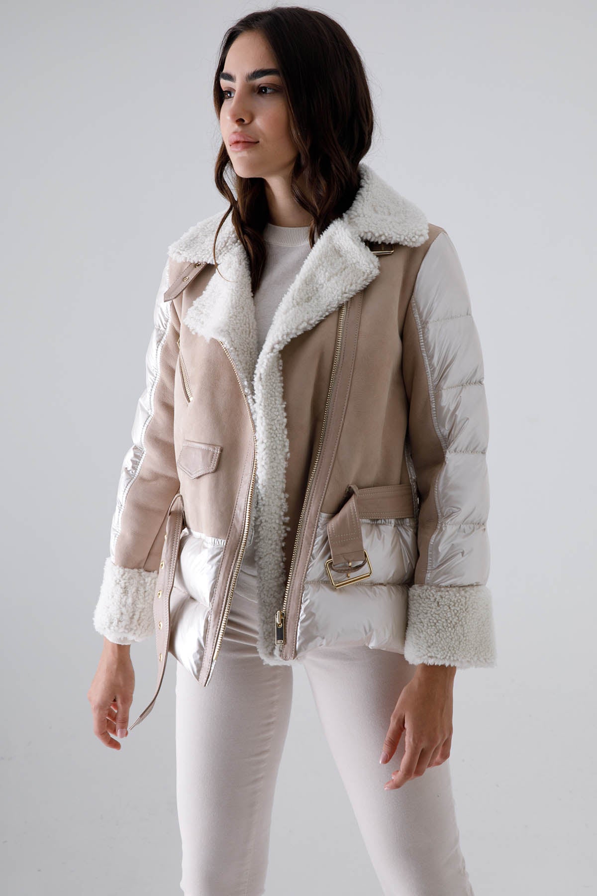 Flo & Clo Kemerli Deri Shearling Puffer Kaban-Libas Trendy Fashion Store