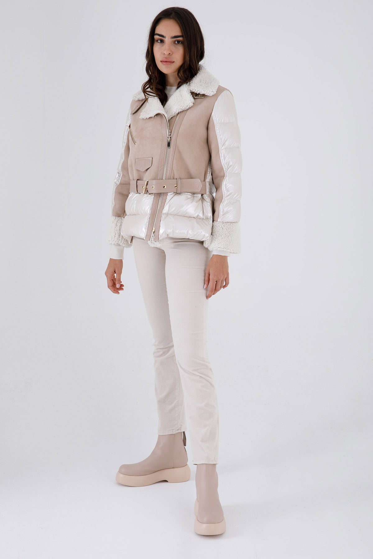 Flo & Clo Kemerli Deri Shearling Puffer Kaban-Libas Trendy Fashion Store