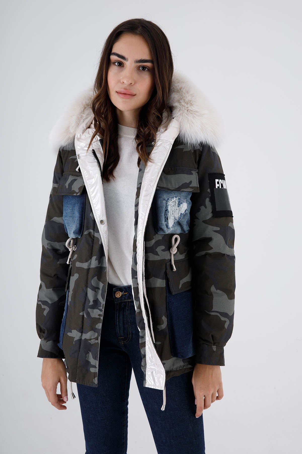 Flo & Clo Kürklü Kamuflaj Desenli Puffer Parka-Libas Trendy Fashion Store