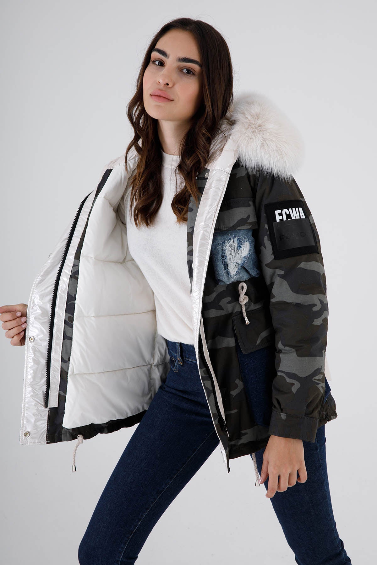 Flo & Clo Kürklü Kamuflaj Desenli Puffer Parka-Libas Trendy Fashion Store