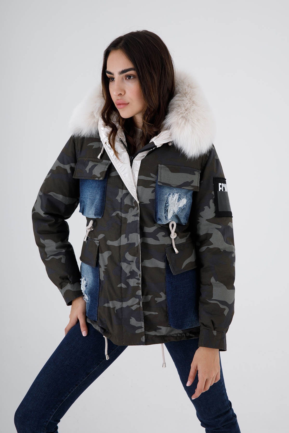 Flo & Clo Kürklü Kamuflaj Desenli Puffer Parka-Libas Trendy Fashion Store