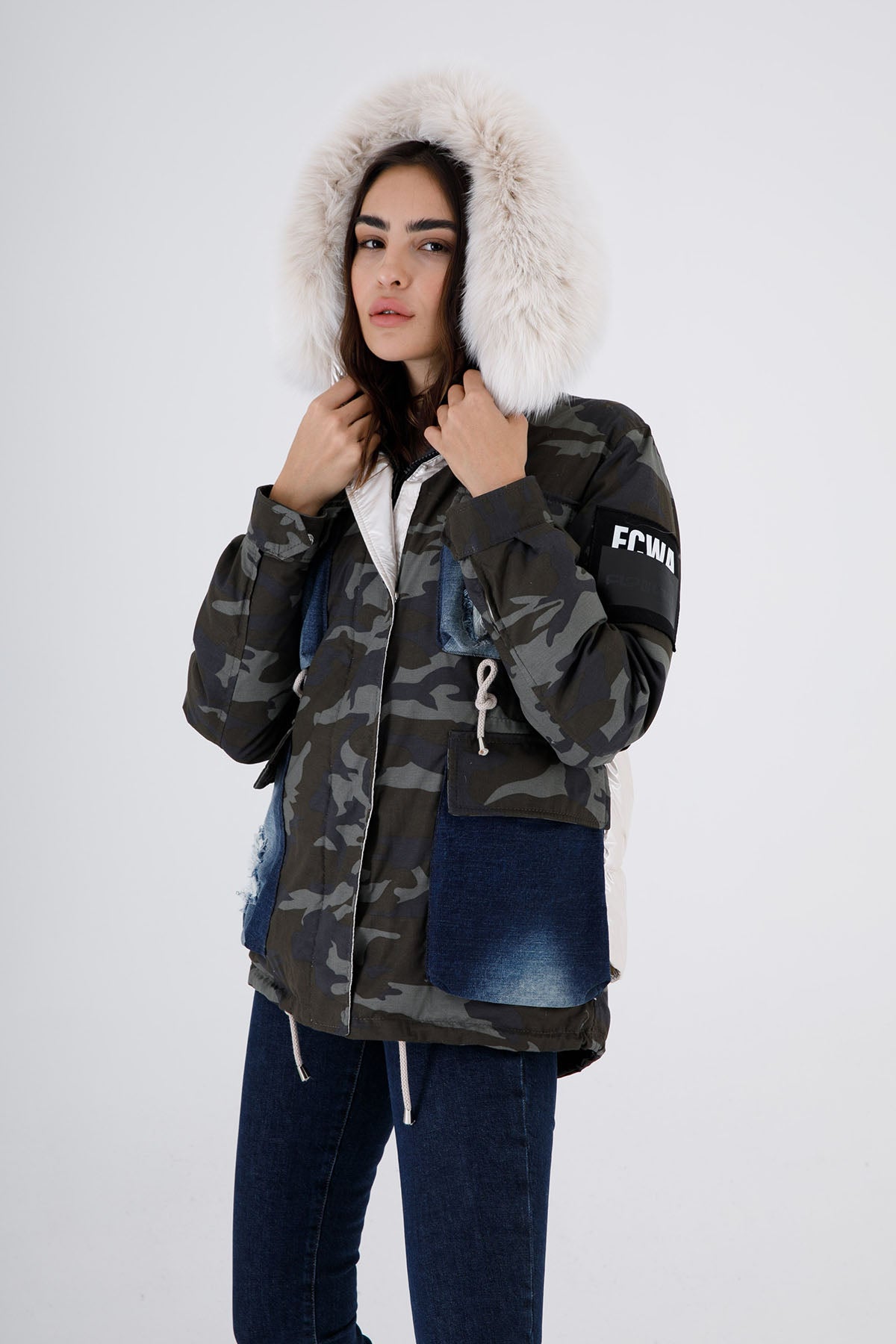 Flo & Clo Kürklü Kamuflaj Desenli Puffer Parka-Libas Trendy Fashion Store
