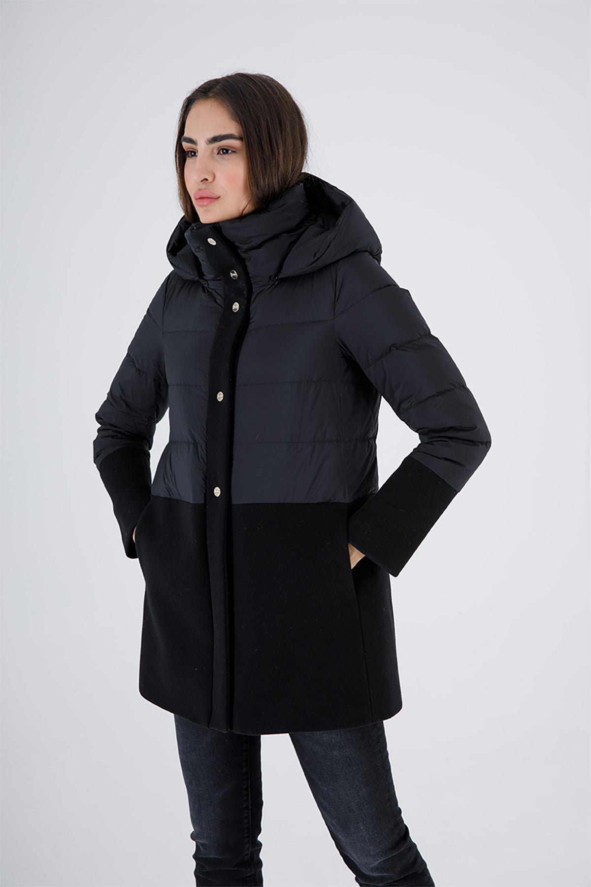 Herno Yün Kaşe Kombinasyonlu Puffer Kaban-Libas Trendy Fashion Store