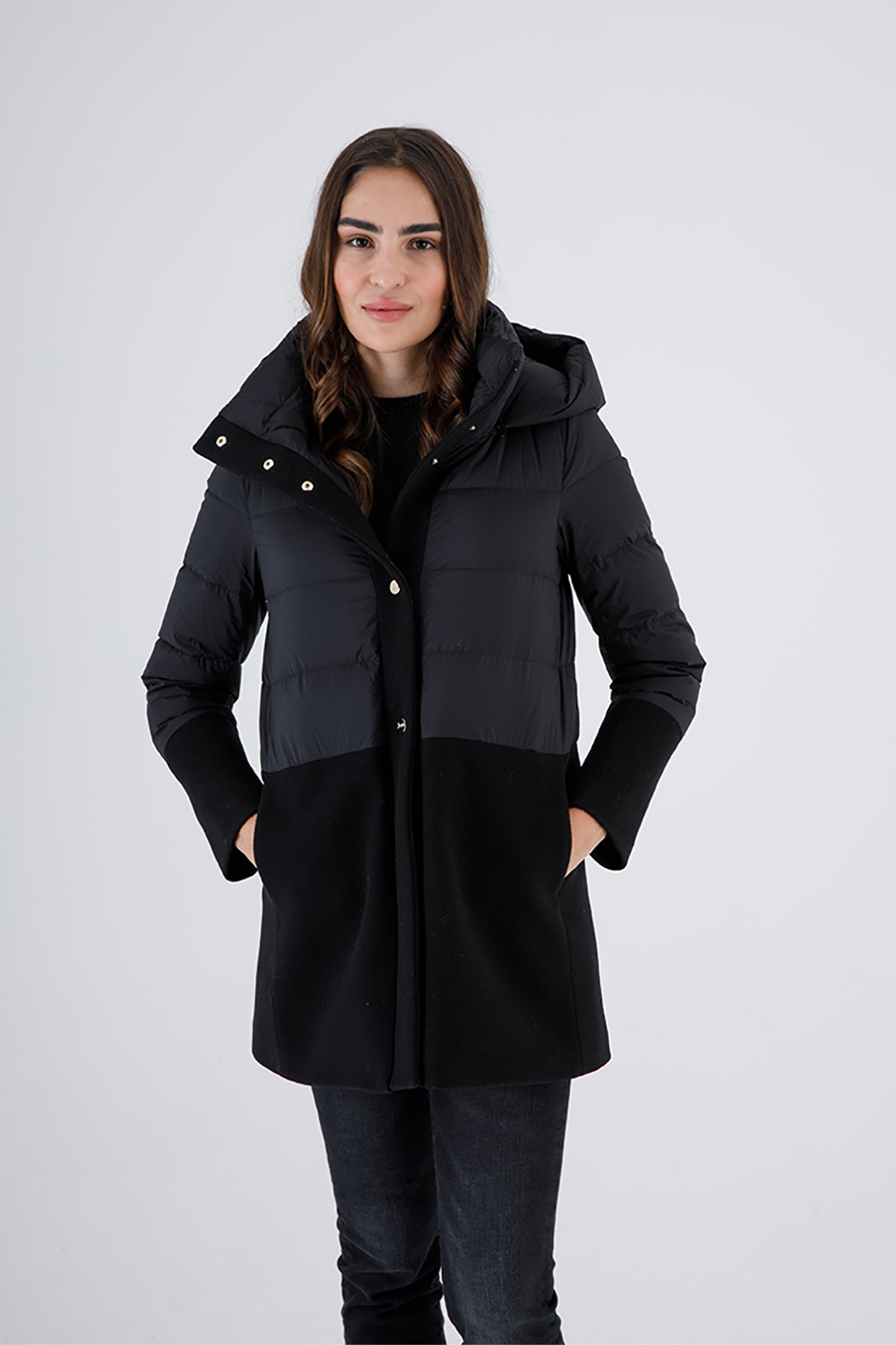 Herno Yün Kaşe Kombinasyonlu Puffer Kaban-Libas Trendy Fashion Store