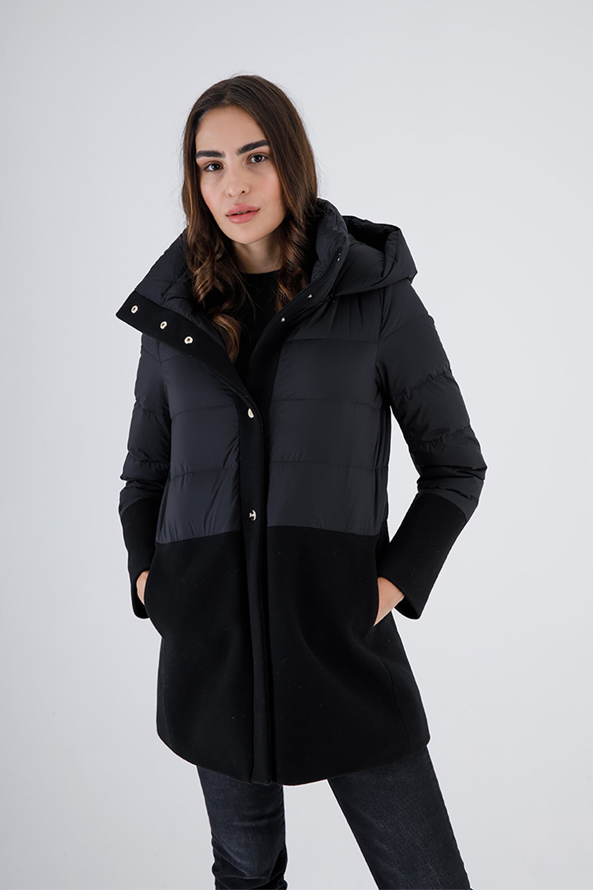 Herno Yün Kaşe Kombinasyonlu Puffer Kaban-Libas Trendy Fashion Store