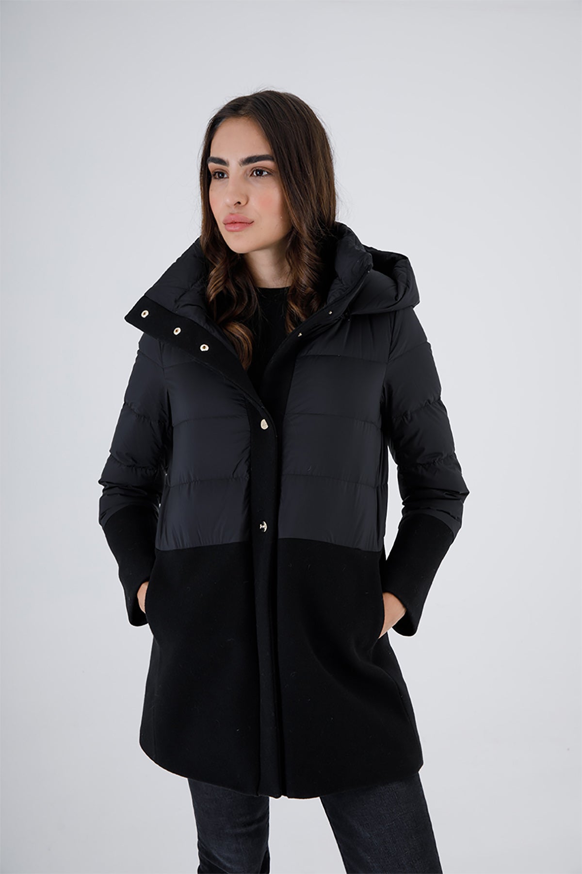 Herno Yün Kaşe Kombinasyonlu Puffer Kaban-Libas Trendy Fashion Store