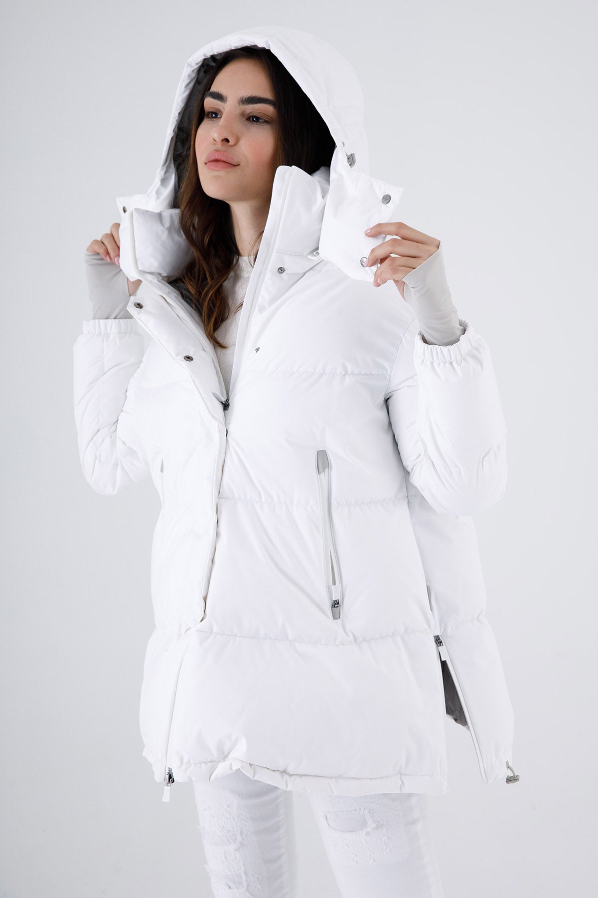 Herno Laminar Yandan Fermuarlı Kapüşonlu Puffer Kaban-Libas Trendy Fashion Store