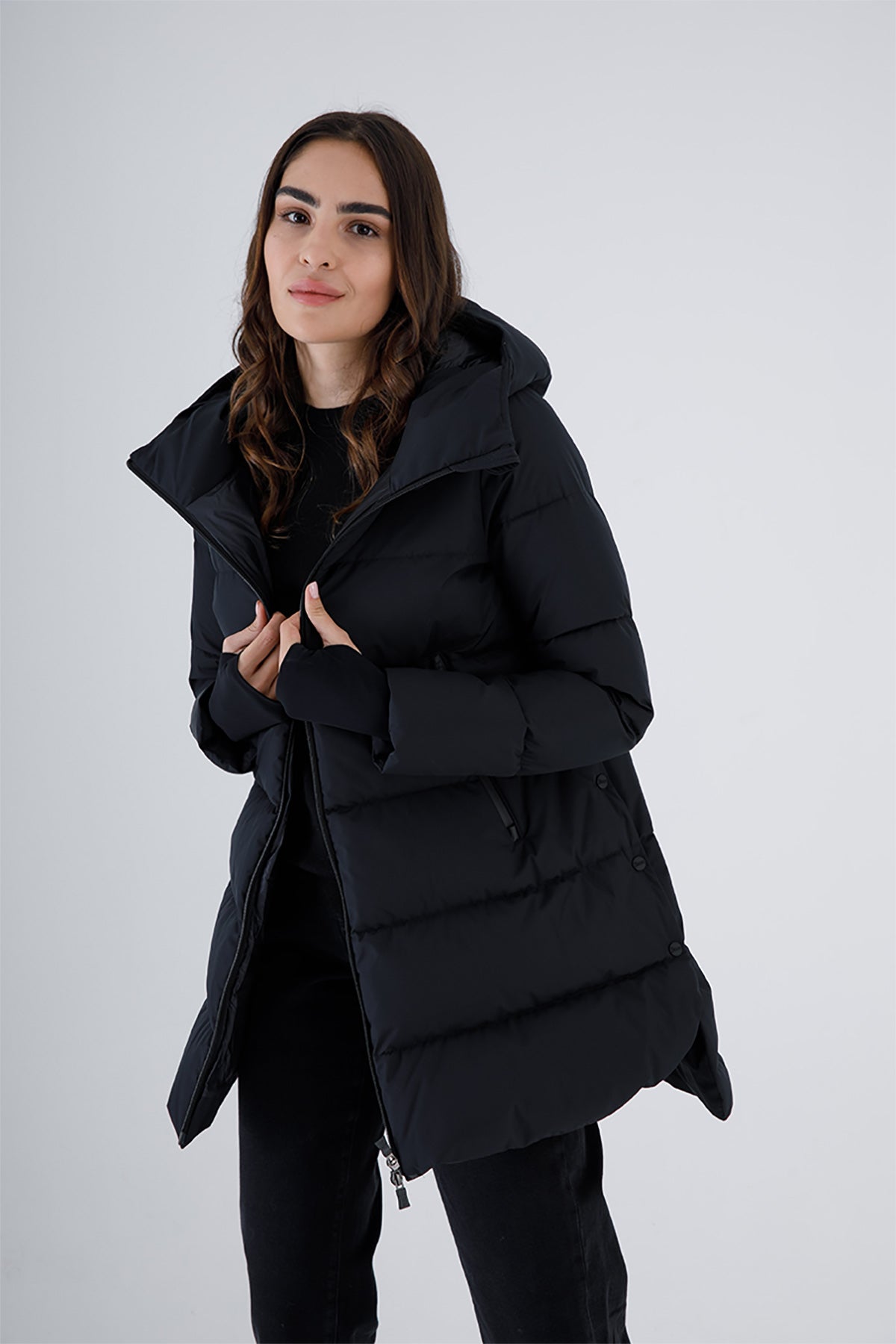 Herno Laminar Yandan Çıtçıtlı Kapüşonlu Puffer Kaban-Libas Trendy Fashion Store