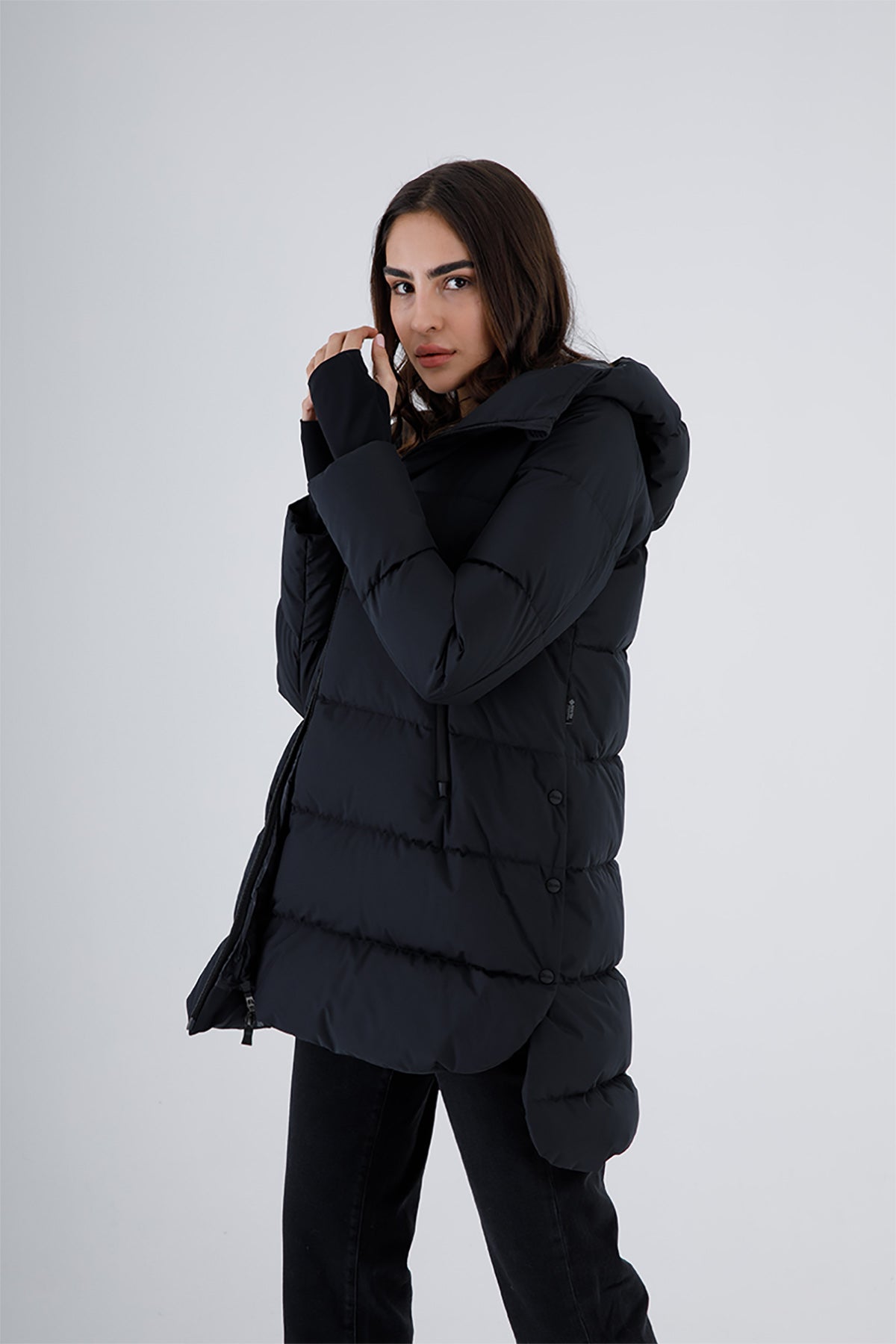 Herno Laminar Yandan Çıtçıtlı Kapüşonlu Puffer Kaban-Libas Trendy Fashion Store