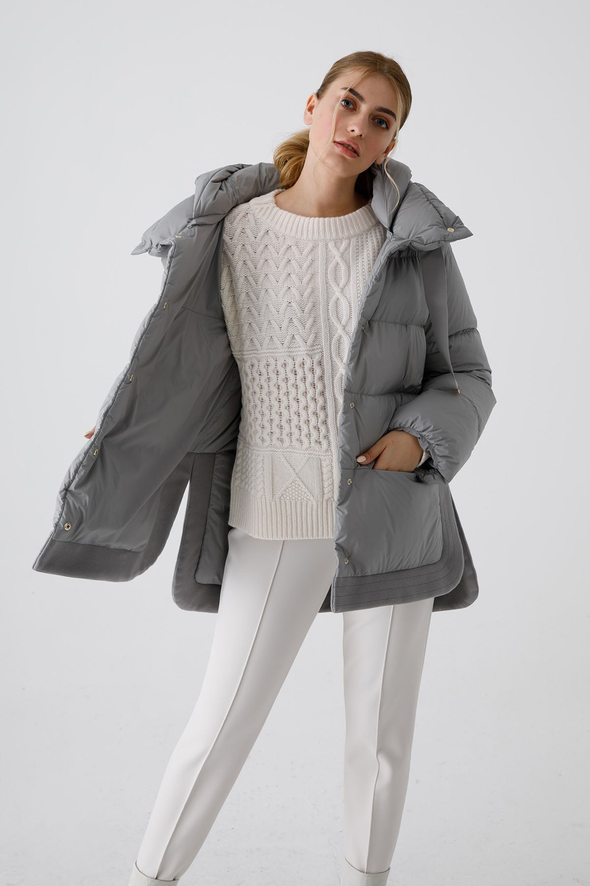 Herno Kapüşonlu Yandan Yırtmaçlı Puffer Kaban-Libas Trendy Fashion Store