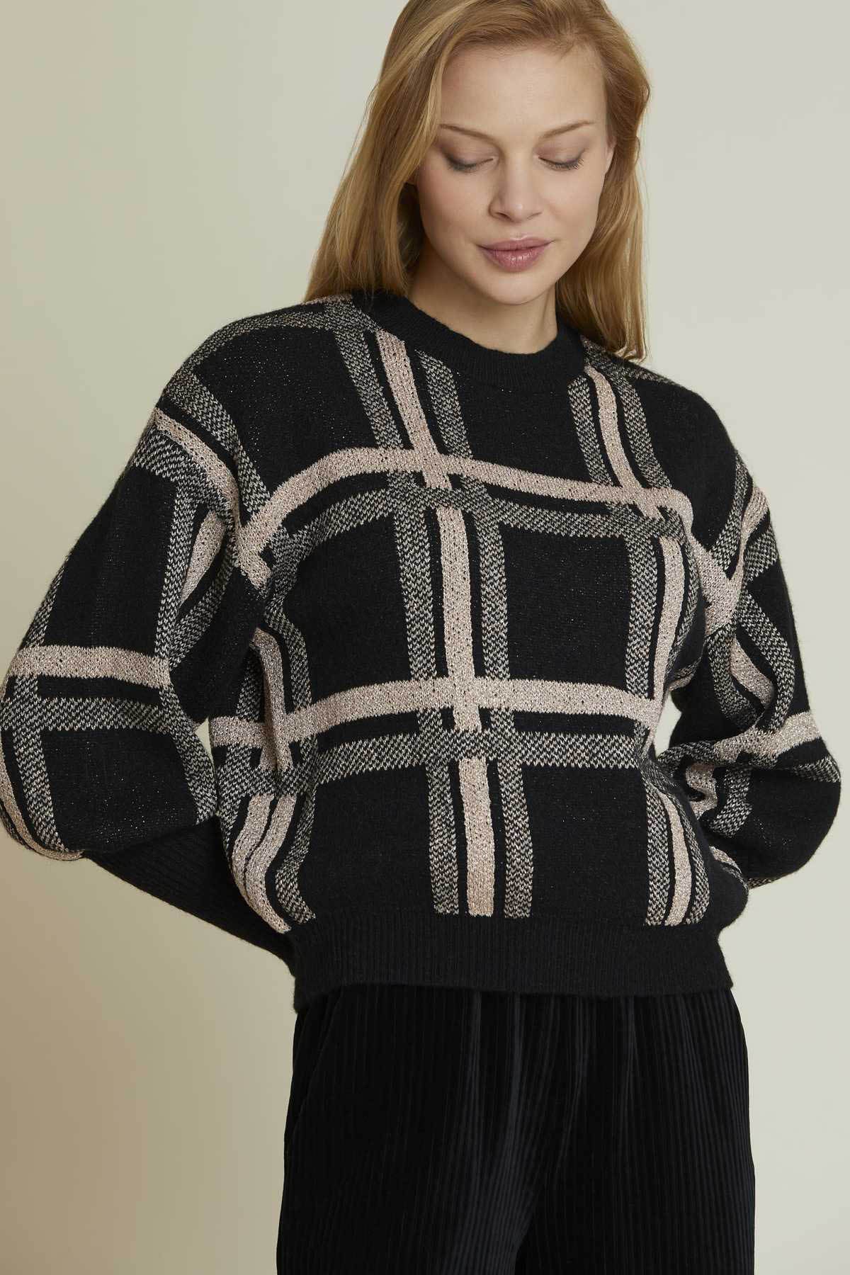 Rene Derhy Büyük Kareli Yuvarlak Yaka Triko-Libas Trendy Fashion Store