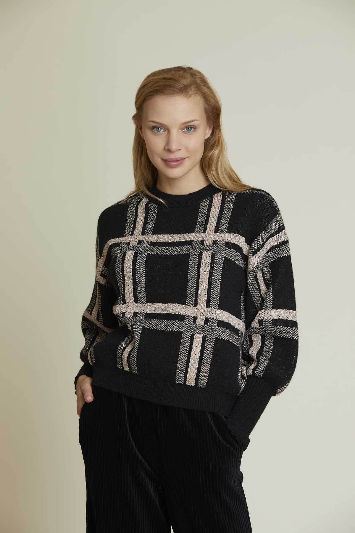 Rene Derhy Büyük Kareli Yuvarlak Yaka Triko-Libas Trendy Fashion Store