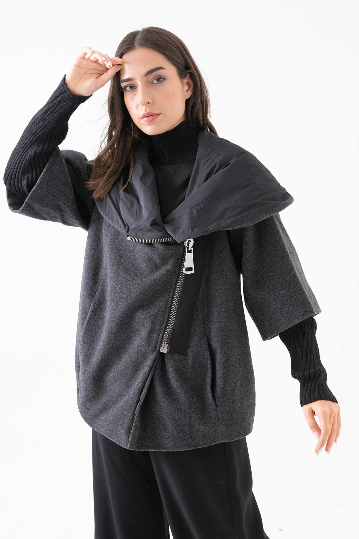 Crea Concept Asimetrik Fermuar Kabarık Yaka Yün Kaban-Libas Trendy Fashion Store