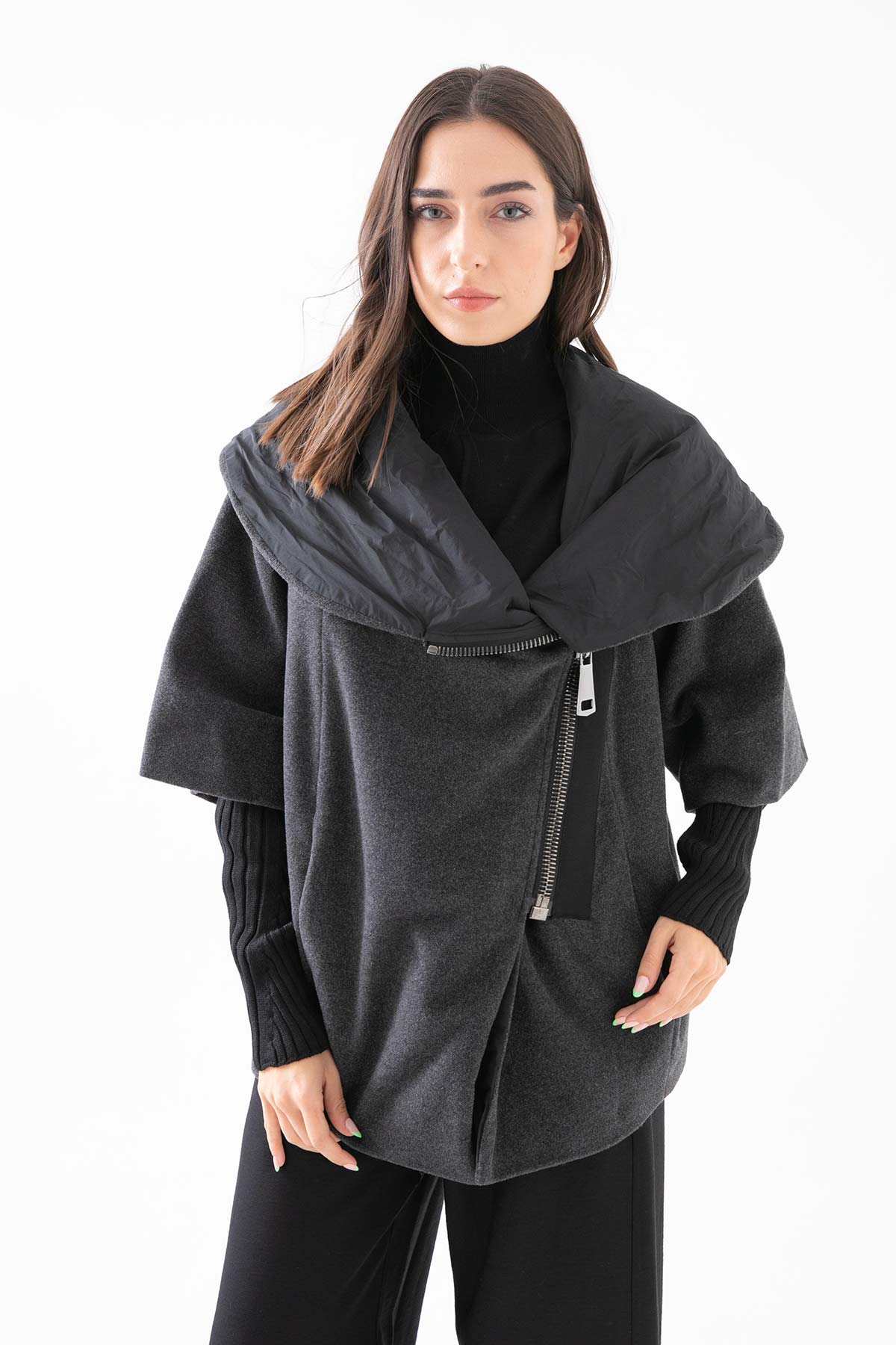 Crea Concept Asimetrik Fermuar Kabarık Yaka Yün Kaban-Libas Trendy Fashion Store