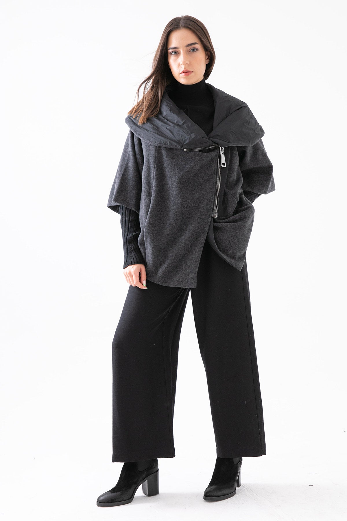 Crea Concept Asimetrik Fermuar Kabarık Yaka Yün Kaban-Libas Trendy Fashion Store