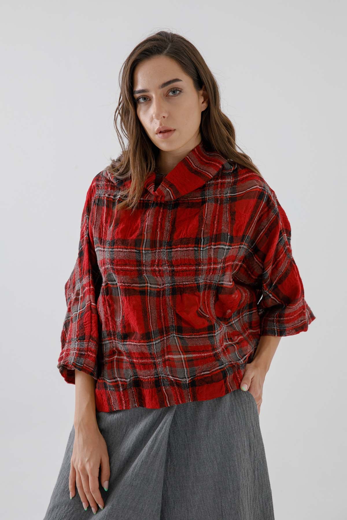 Crea Concept Ekoseli Şal Yaka Bluz-Libas Trendy Fashion Store