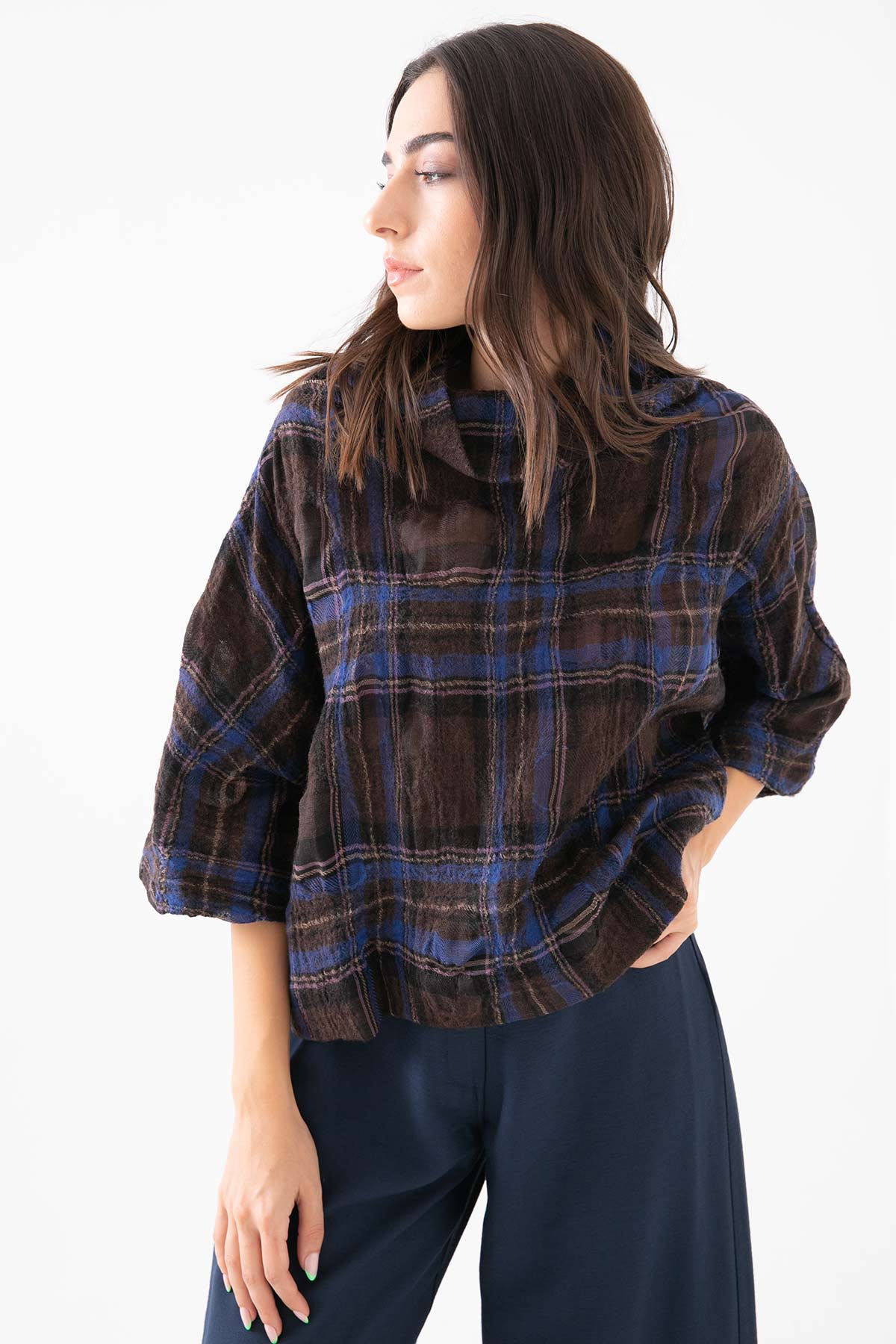 Crea Concept Ekoseli Şal Yaka Yün Bluz-Libas Trendy Fashion Store