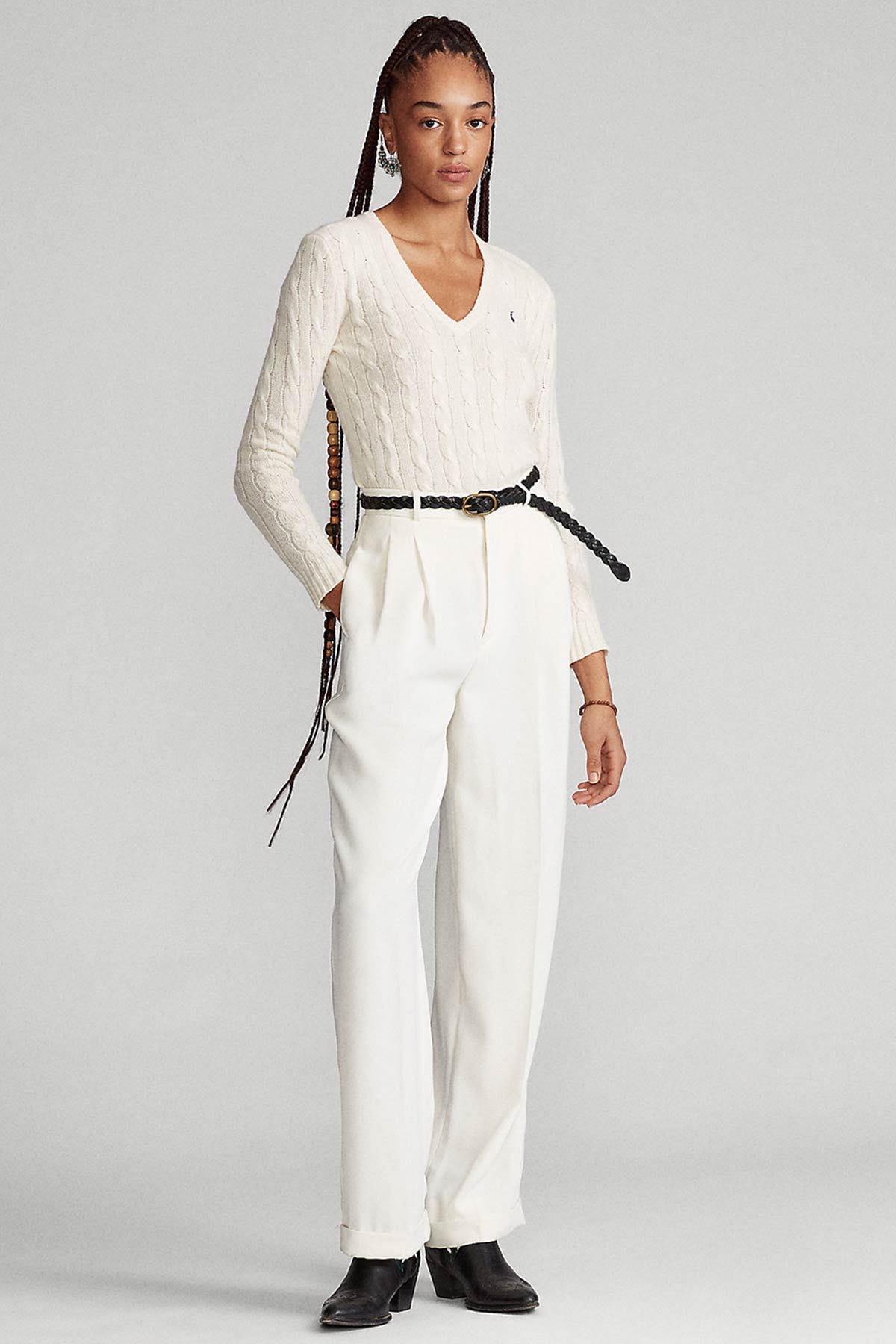 Polo Ralph Lauren Kaşmirli V Yaka Saç Örgü Triko-Libas Trendy Fashion Store