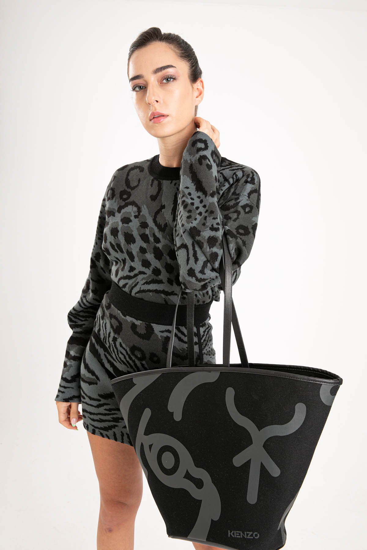 Kenzo Çita ve Leopar Desenli Yün Mini Etek-Libas Trendy Fashion Store