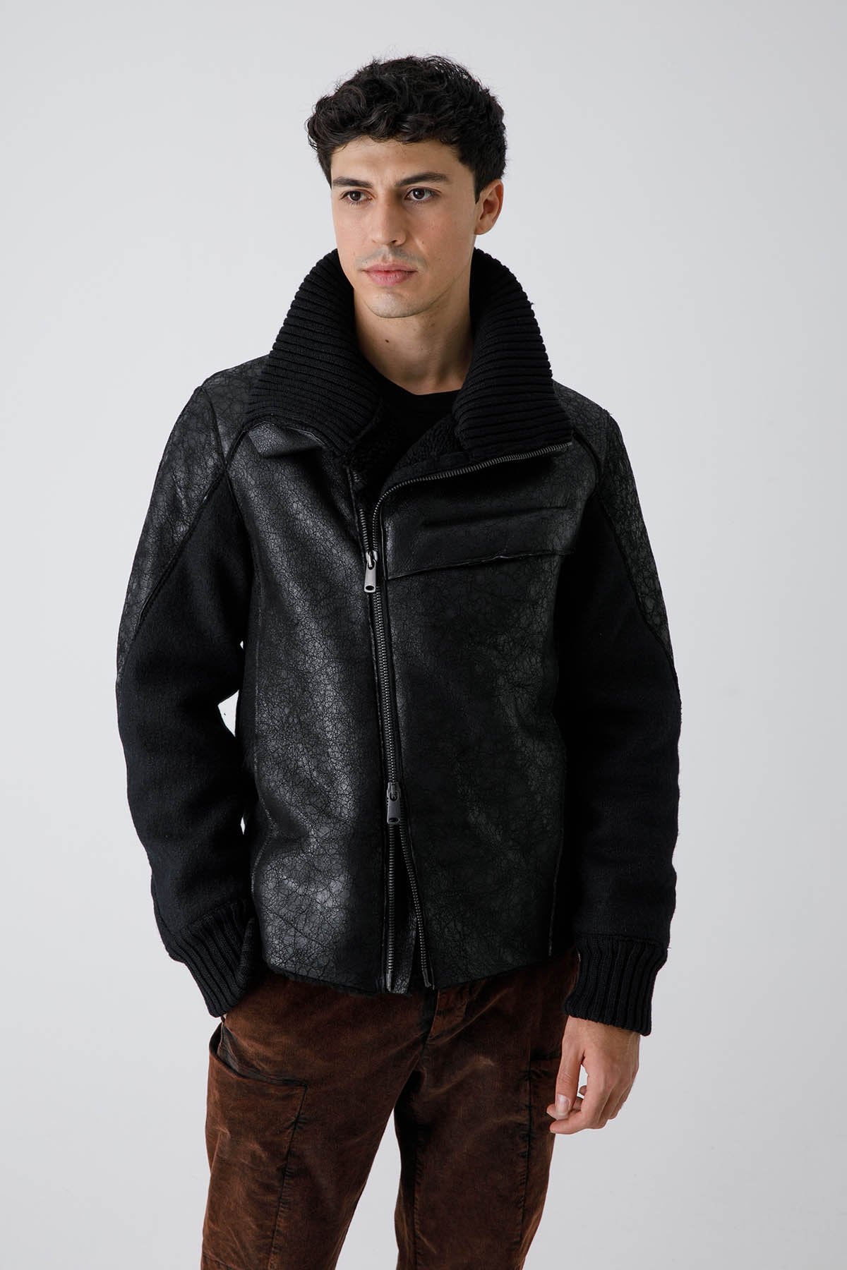 Transit Yün Kombinasyonlu Fermuarlı Deri Ceket-Libas Trendy Fashion Store