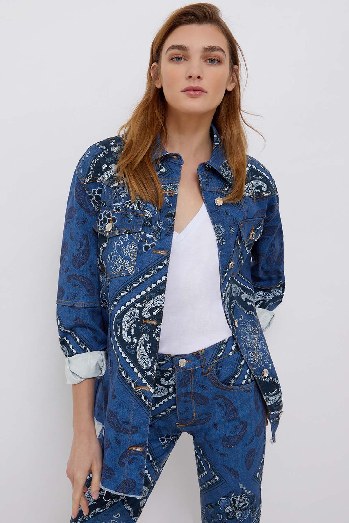 Liu Jo Şal Desenli Belden Kuşaklı Denim Gömlek Ceket-Libas Trendy Fashion Store