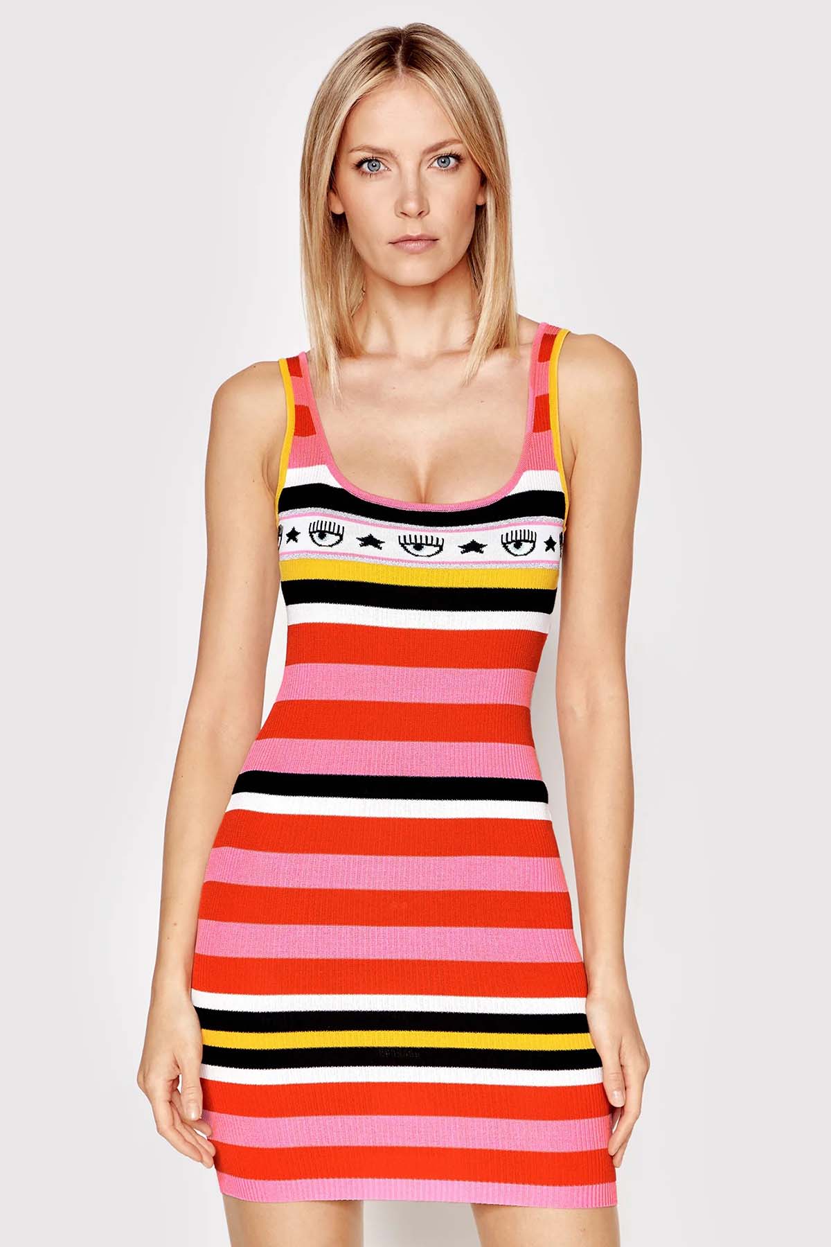 Chiara Ferragni Göz Logolu Askılı Örgü Mini Elbise-Libas Trendy Fashion Store