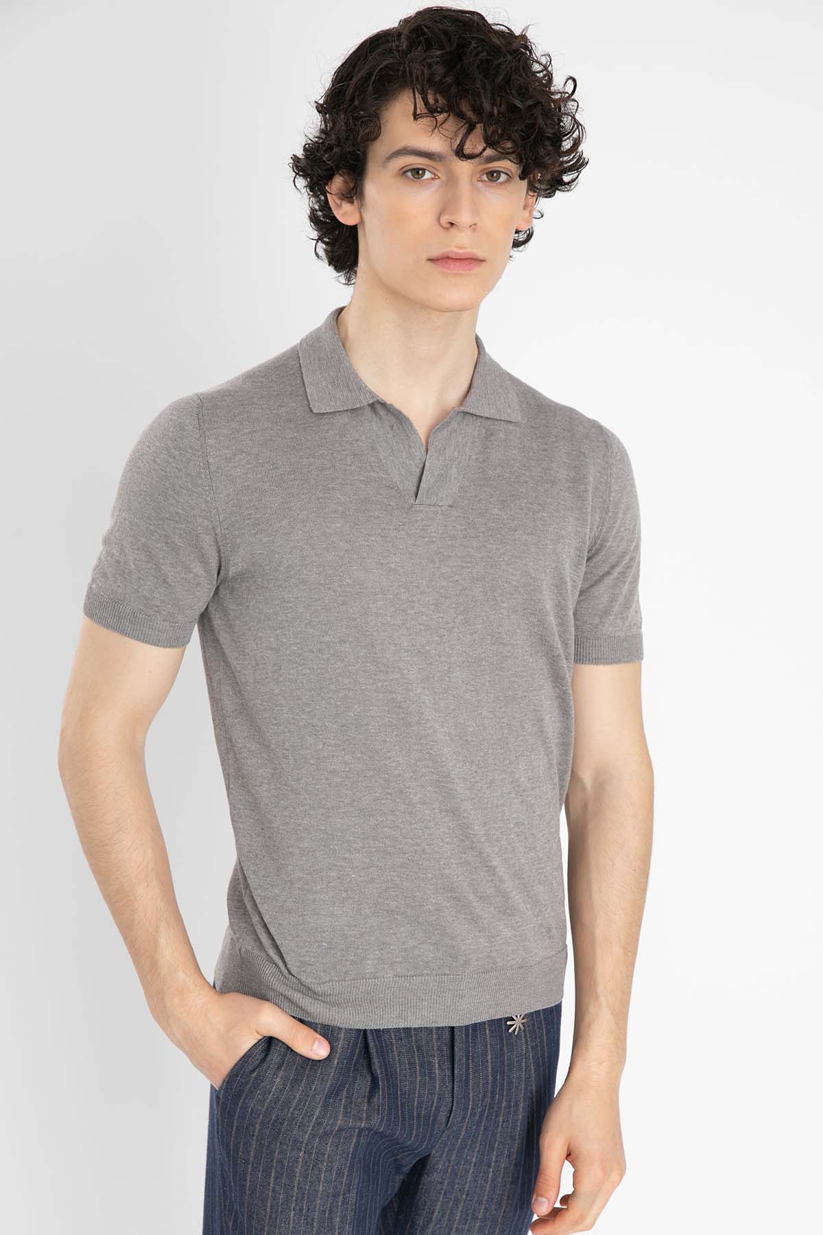 Gran Sasso Polo Yaka Keten Karışımlı Örme T-Shirt-Libas Trendy Fashion Store