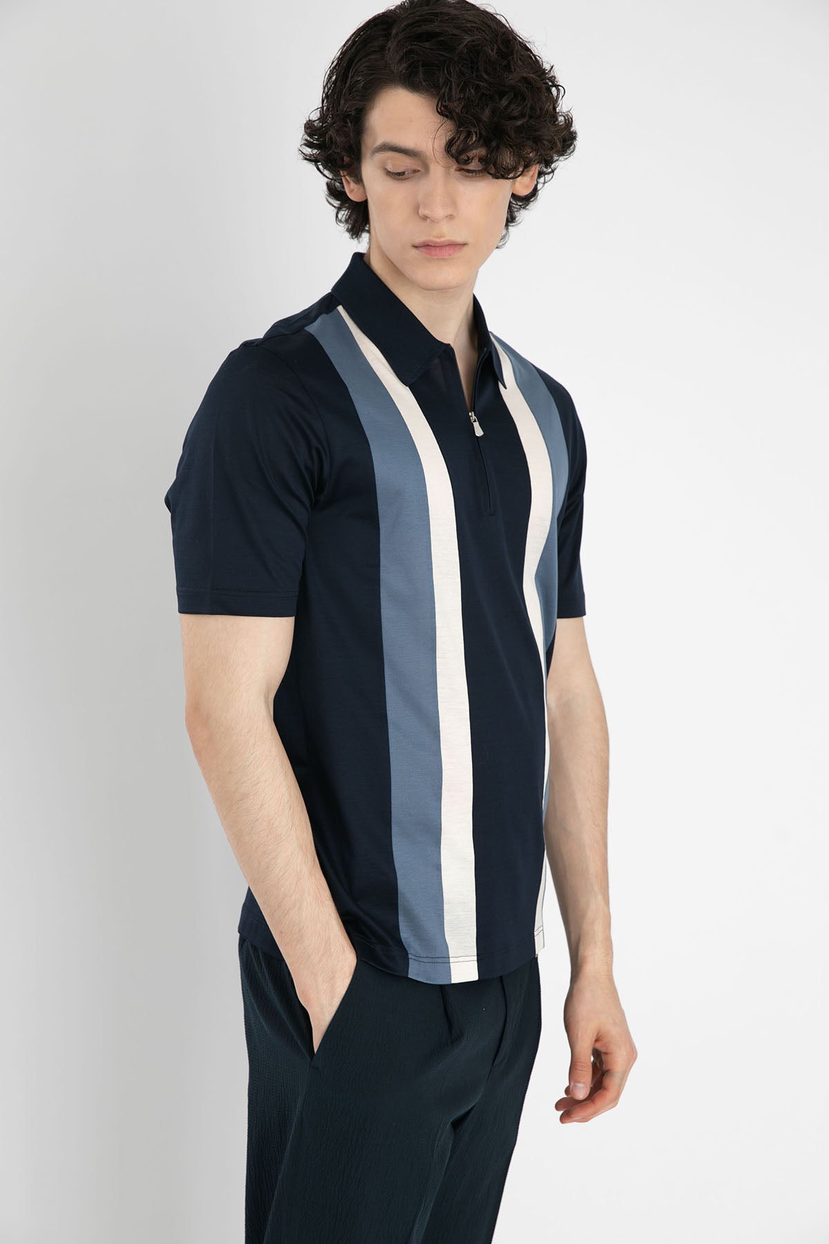 Gran Sasso Fermuarlı Polo Yaka Örme T-shirt-Libas Trendy Fashion Store